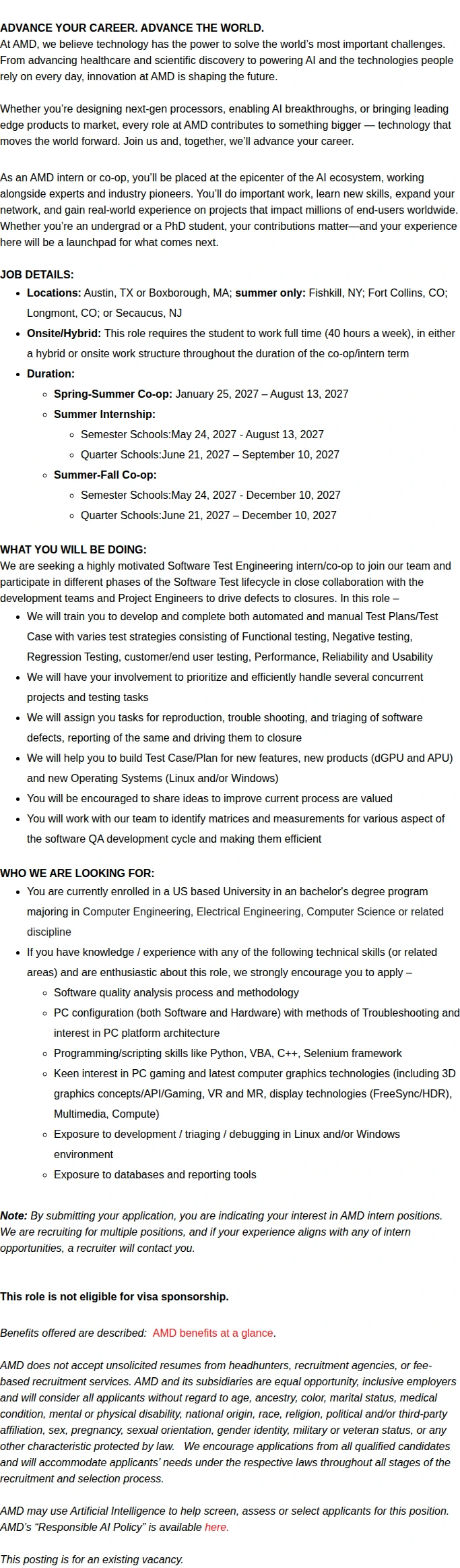 AMD 2027 Undergrad Software Test Engineering Intern/Co-Op 채용공고
