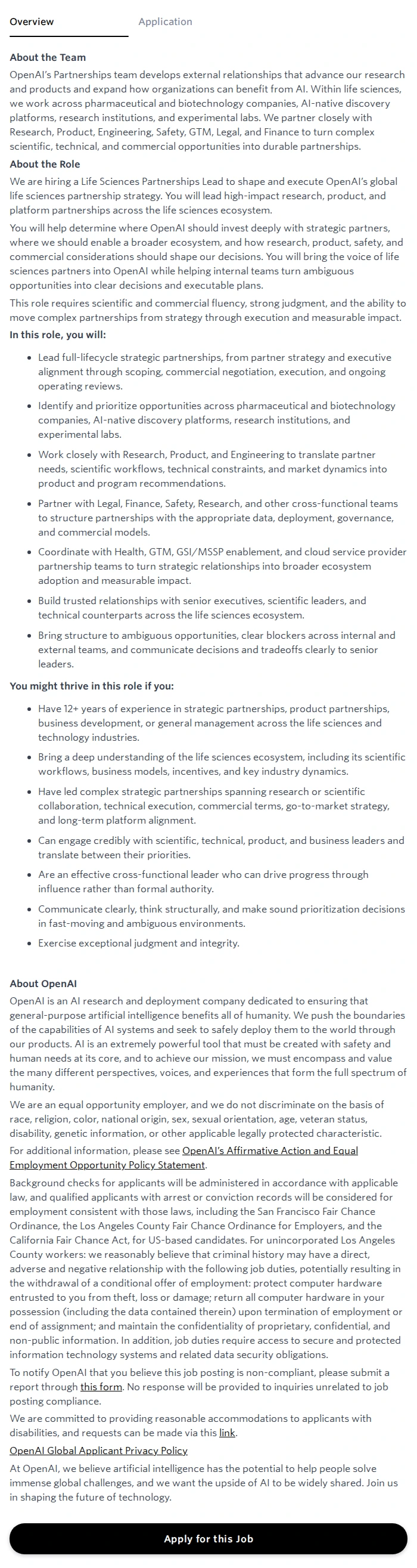 오픈에이아이(OpenAI) Business Development Lead, Life Sciences 채용공고