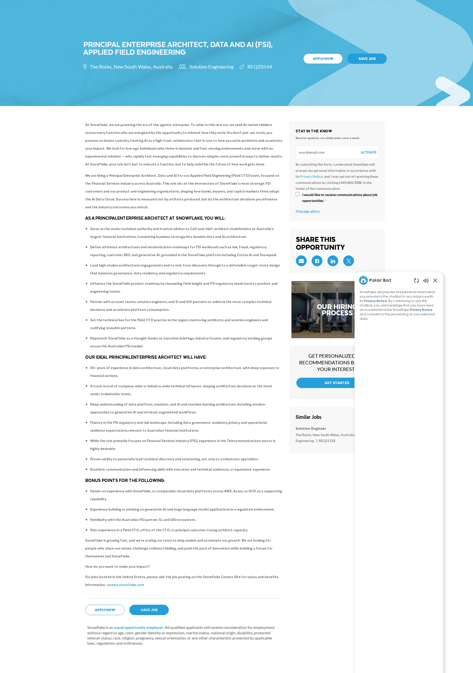 스노우플레이크 Principal Enterprise Architect, Data and AI (FSI), Applied Field Engineering 채용공고