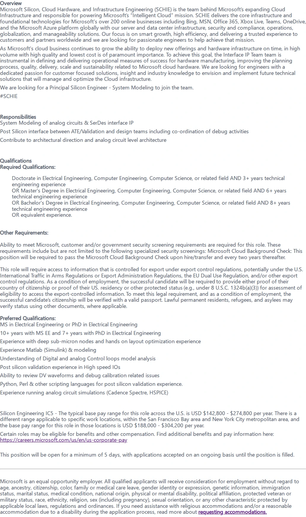 마이크로소프트(Microsoft) Principal Silicon Engineer - System Modeling 채용공고