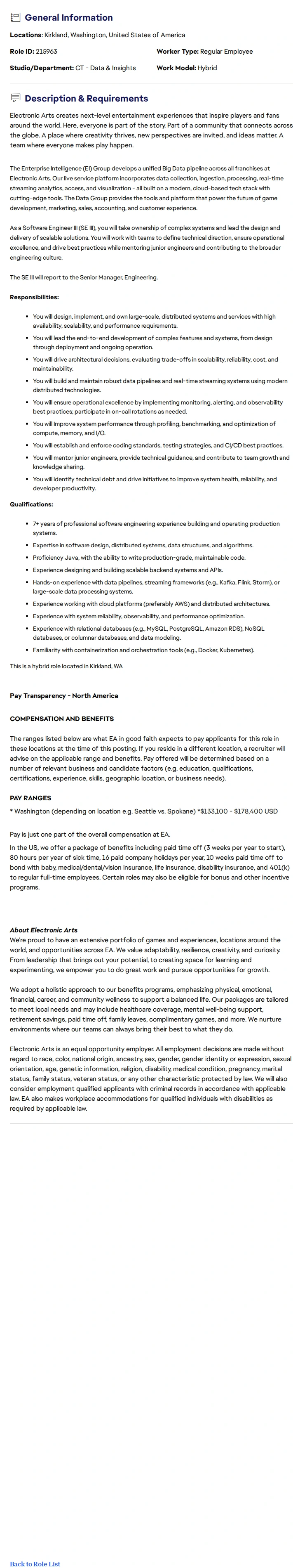 ElectronicArts Software Engineer III - Enterprise Intelligence 채용공고