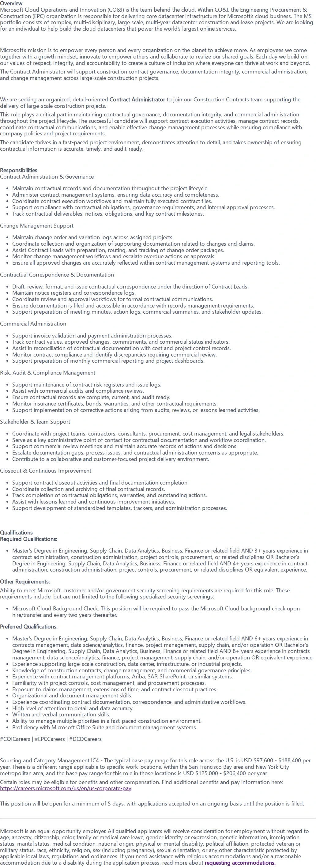 마이크로소프트(Microsoft) Contract Administrator 채용공고