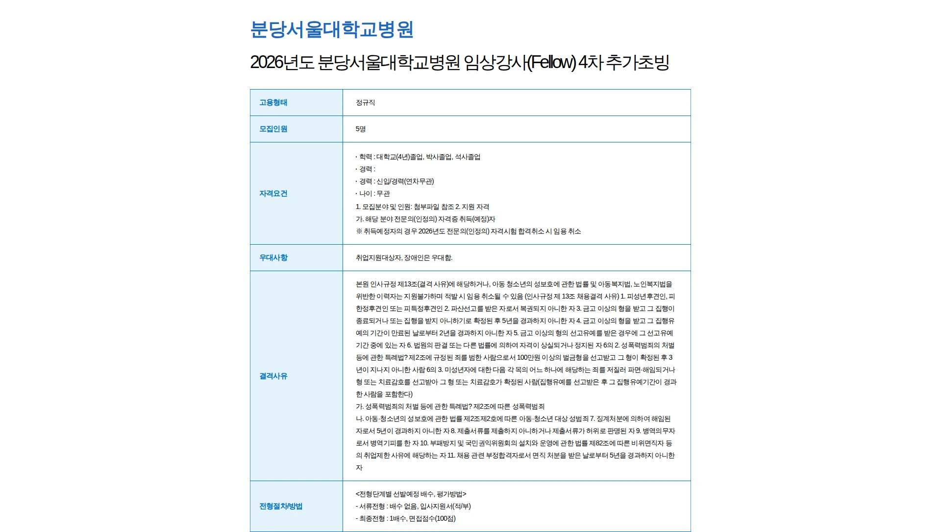 분당서울대학교병원 2026년도 분당서울대학교병원 임상강사(Fellow) 4차 추가초빙 채용공고
