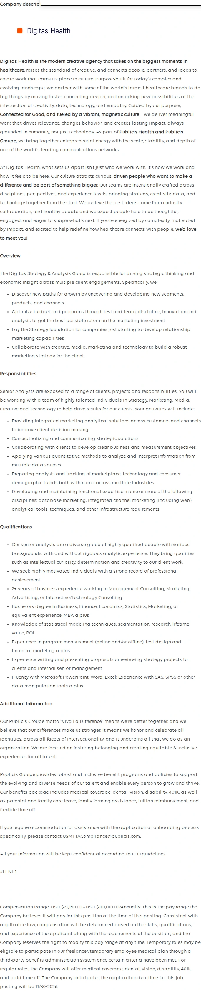 Publicis Groupe Senior Analyst, Data Strategy 채용공고