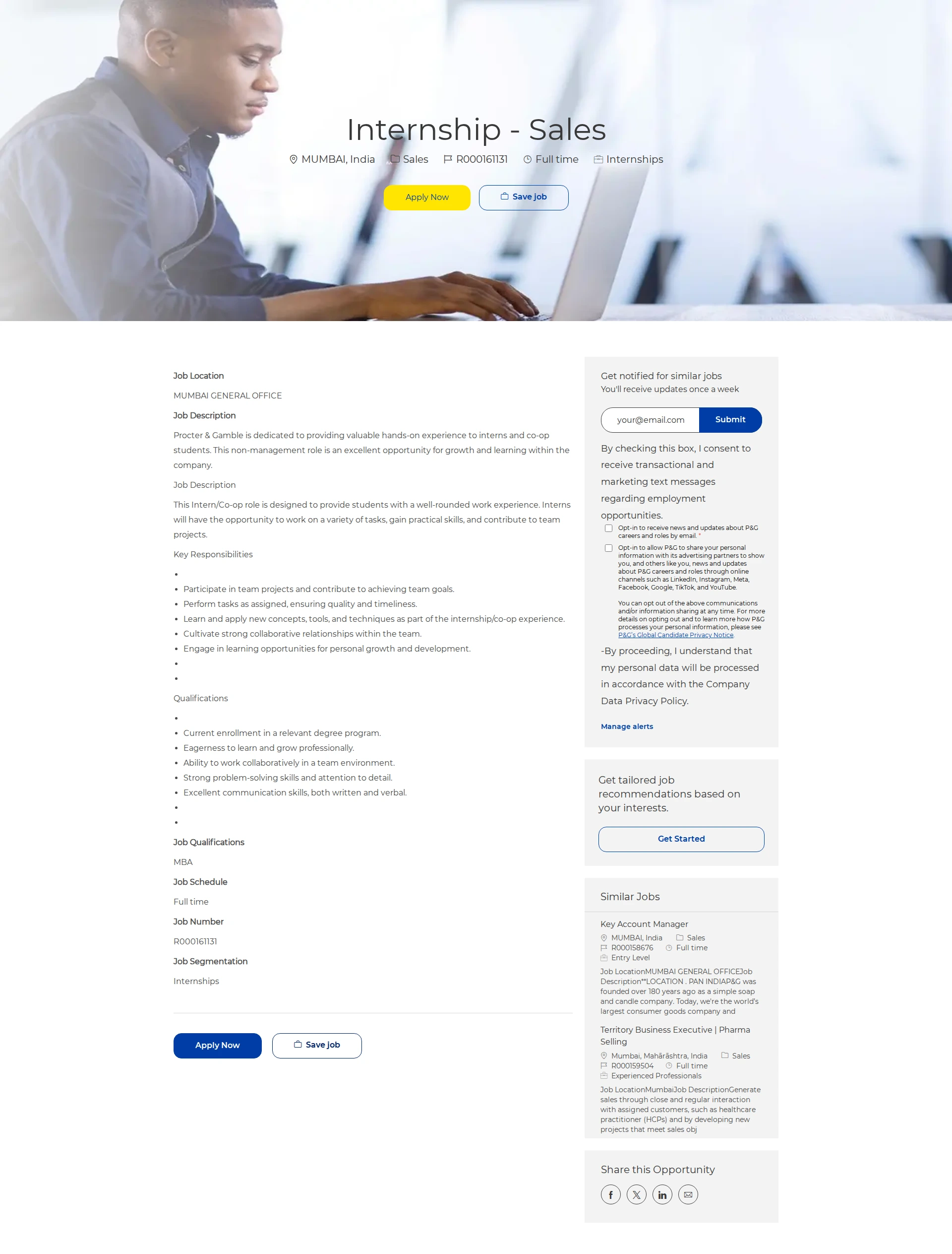P&G Internship - Sales 채용공고