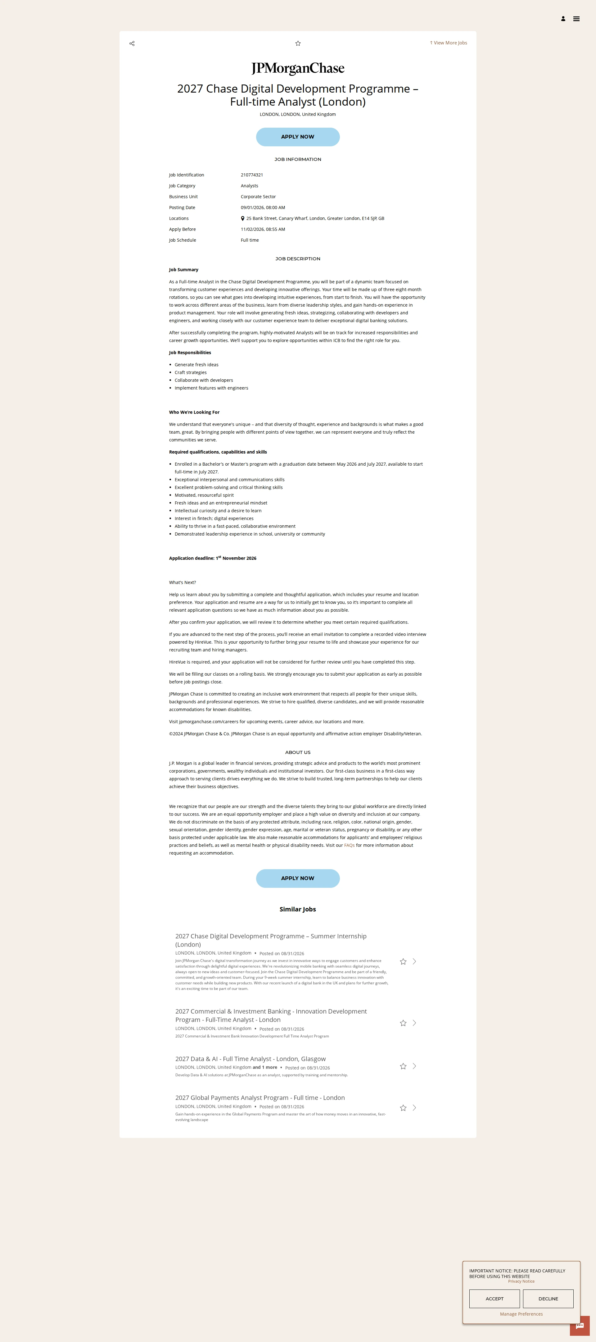 JPMorganChase 2027 Chase Digital Development Programme – Full-time Analyst (London) 채용공고
