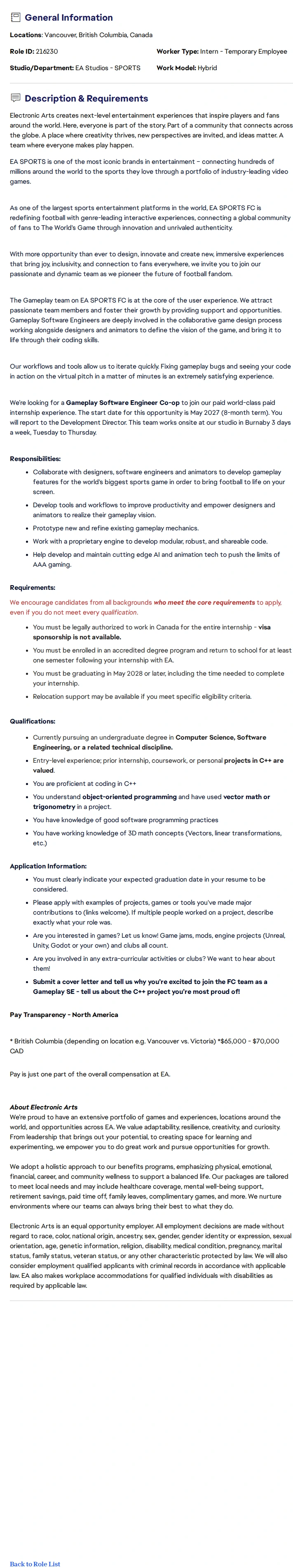 ElectronicArts C++ Gameplay Software Engineer Co-op (FC - Vancouver - Summer 2027 - 8-months - Undergrad) 채용공고