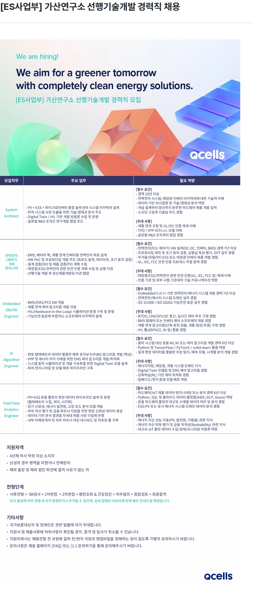 한화큐셀 [ES사업부] 가산연구소 선행기술개발 경력직 채용 채용공고