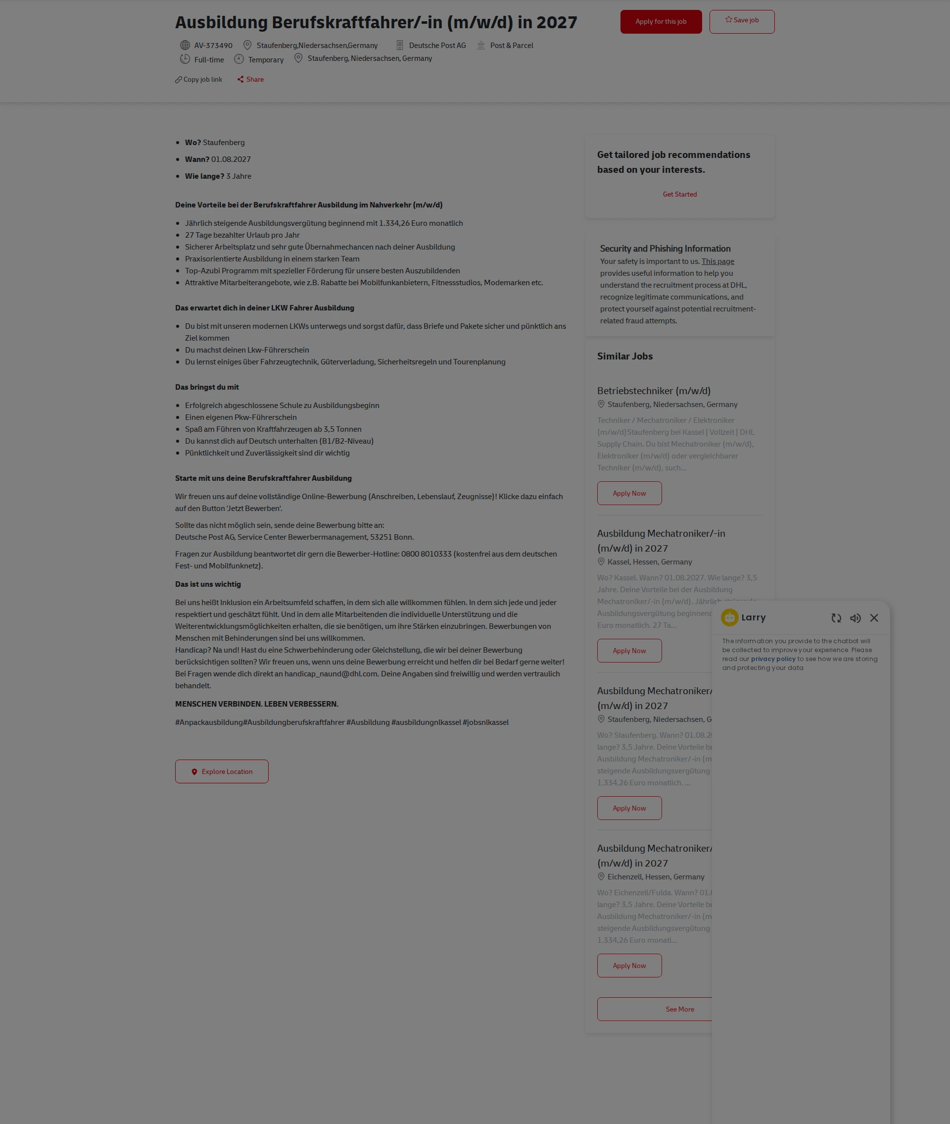 DHL Ausbildung Berufskraftfahrer/-in (m/w/d) in 2027 채용공고