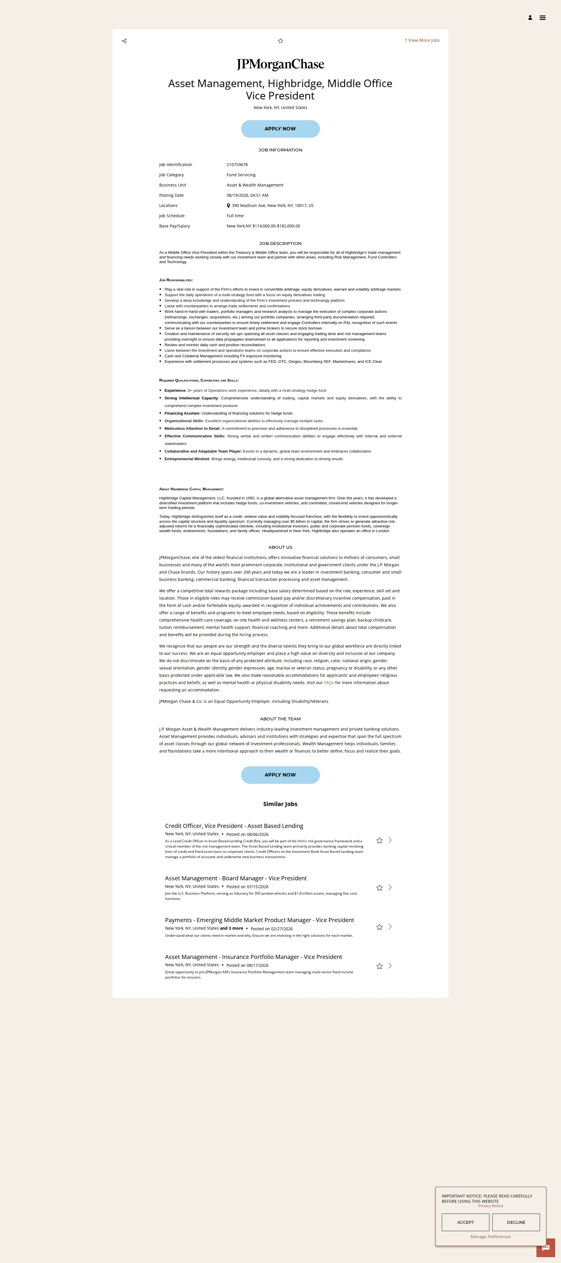JPMorganChase Asset Management, Highbridge, Middle Office Vice President 채용공고