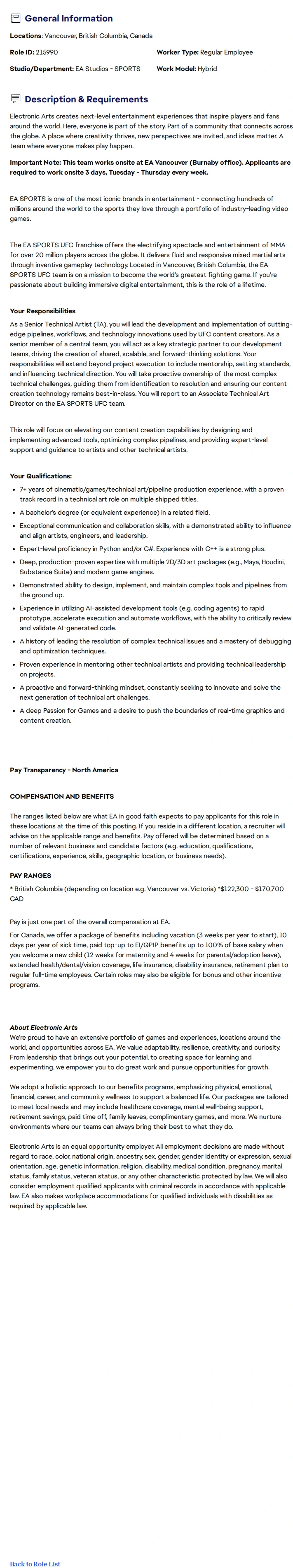ElectronicArts Senior Technical Artist (DCC/Tools) - UFC 채용공고