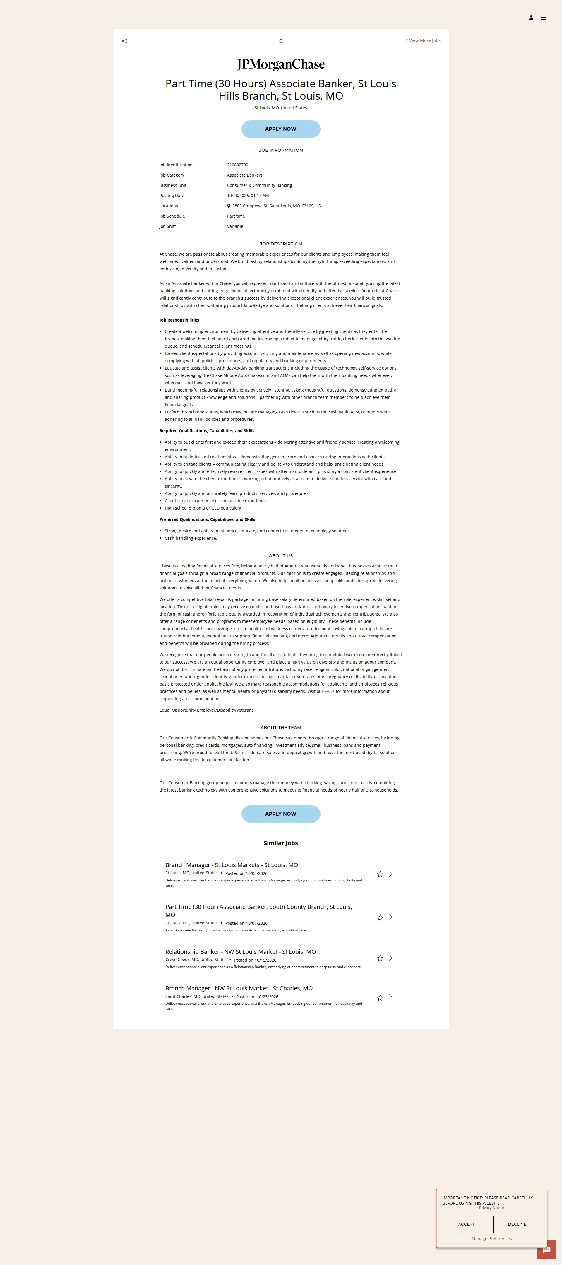 JPMorganChase Part Time (30 Hours) Associate Banker, St Louis Hills Branch, St Louis, MO 채용공고