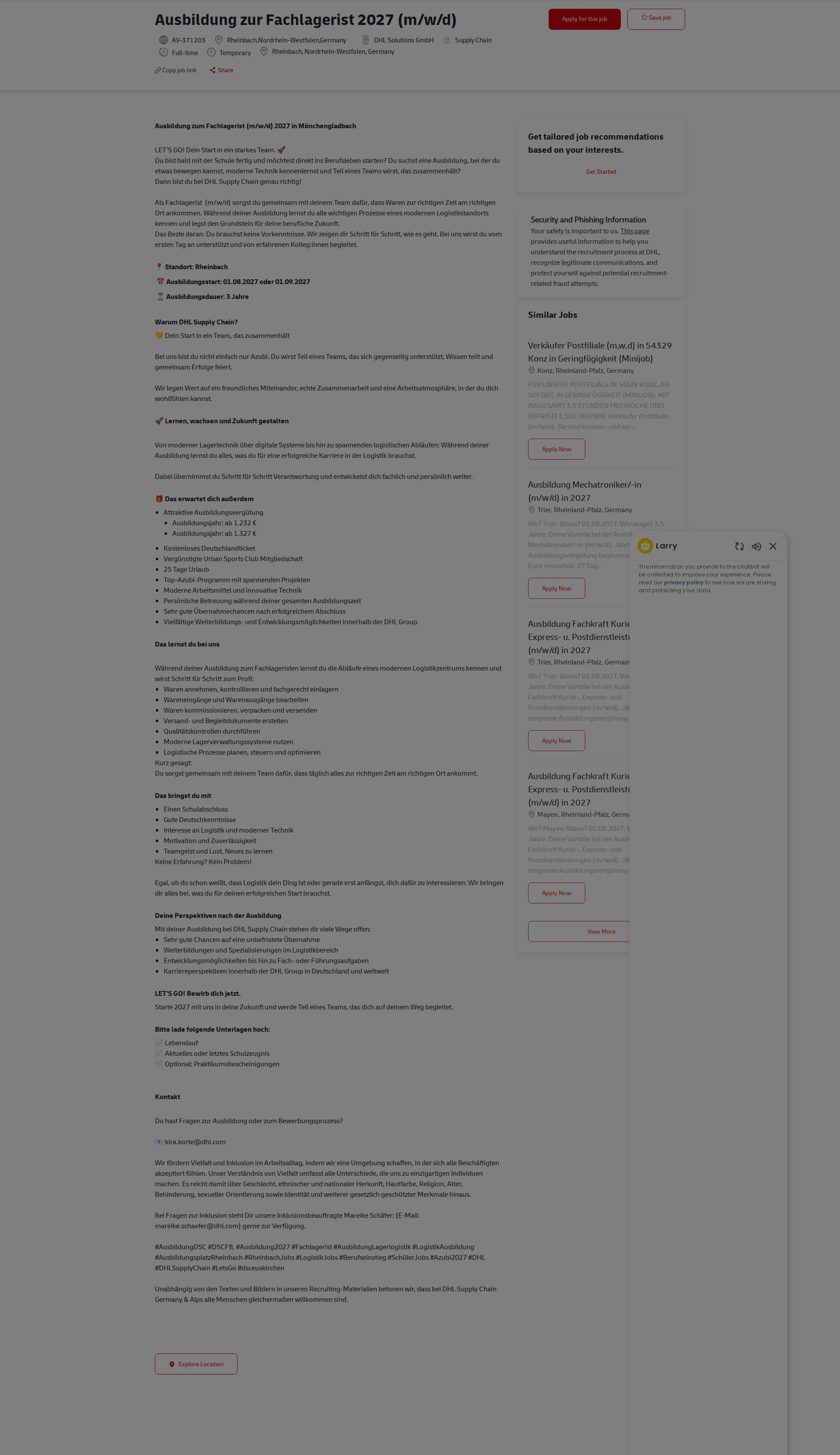 DHL Ausbildung zur Fachlagerist 2027 (m/w/d) 채용공고