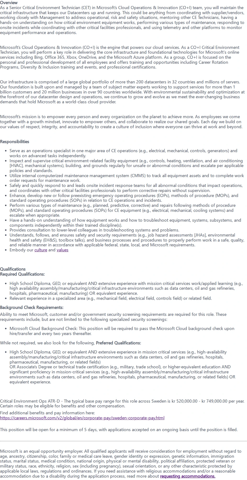 마이크로소프트(Microsoft) Senior Critical Environment Technician 채용공고