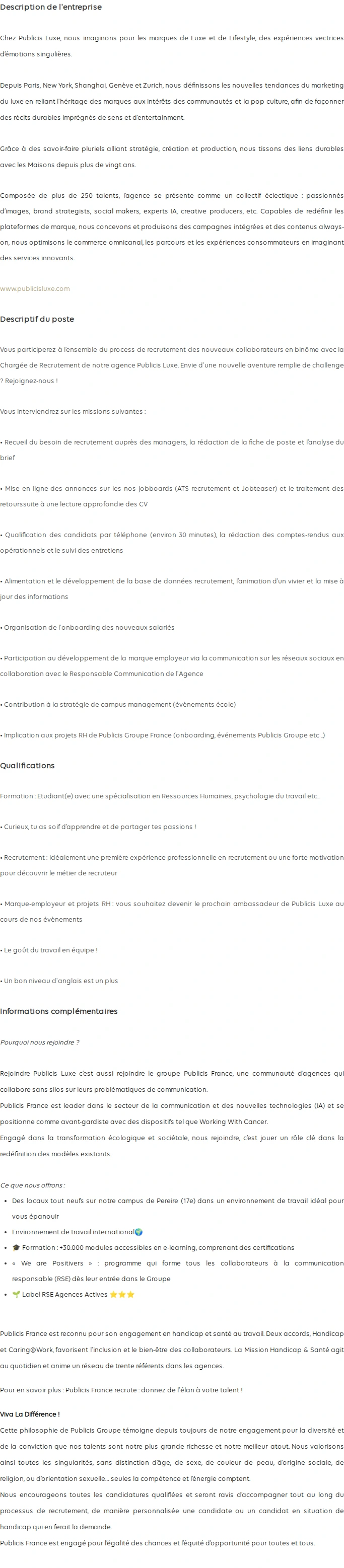 Publicis Groupe Stage – Assistant(e) Chargé(e) de Recrutement – F/H/NB 채용공고