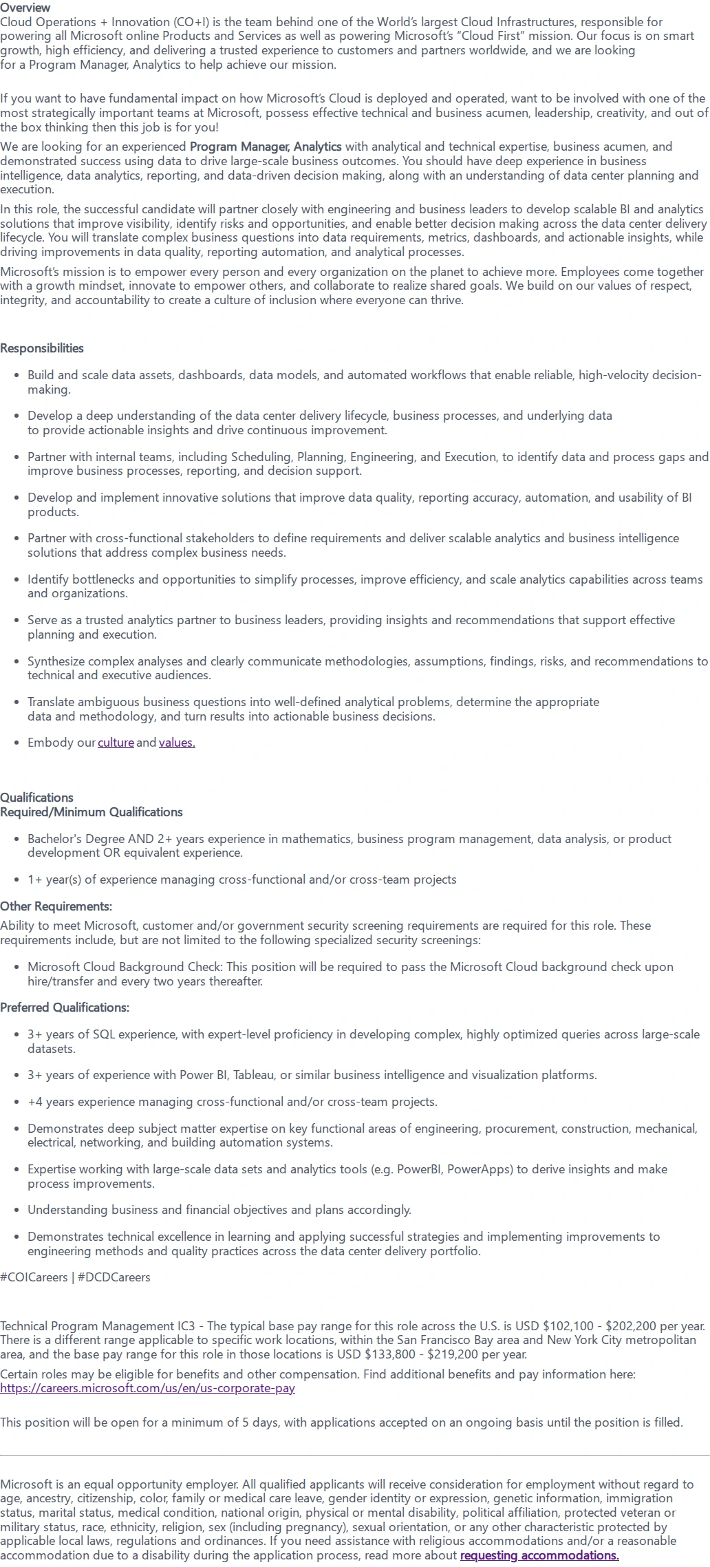 마이크로소프트(Microsoft) Program Manager, Analytics 채용공고