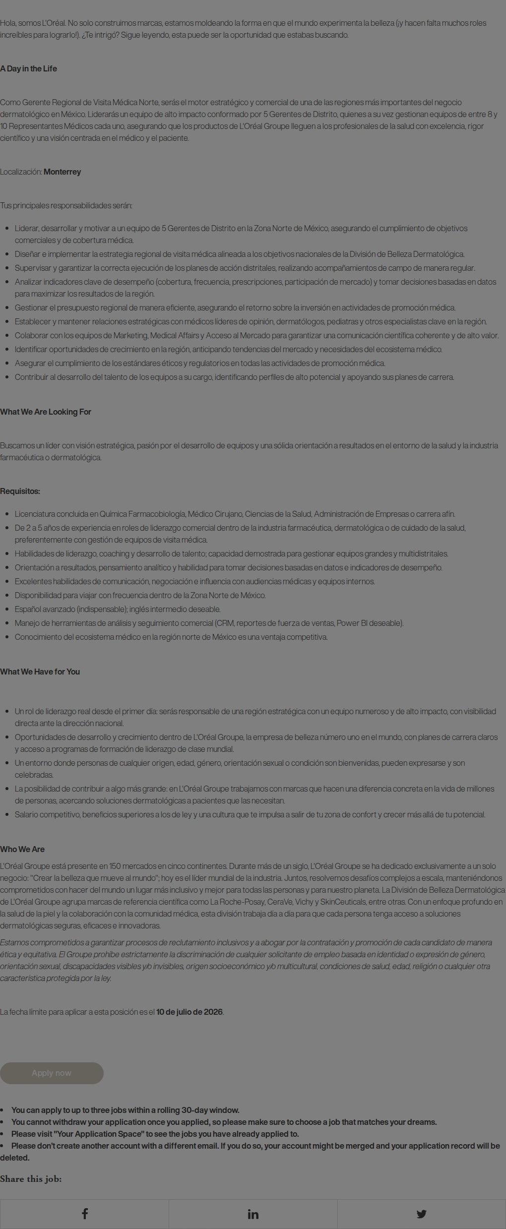 로레알(L'Oreal) Gerente (a) Regional de Visita Médica Norte 채용공고