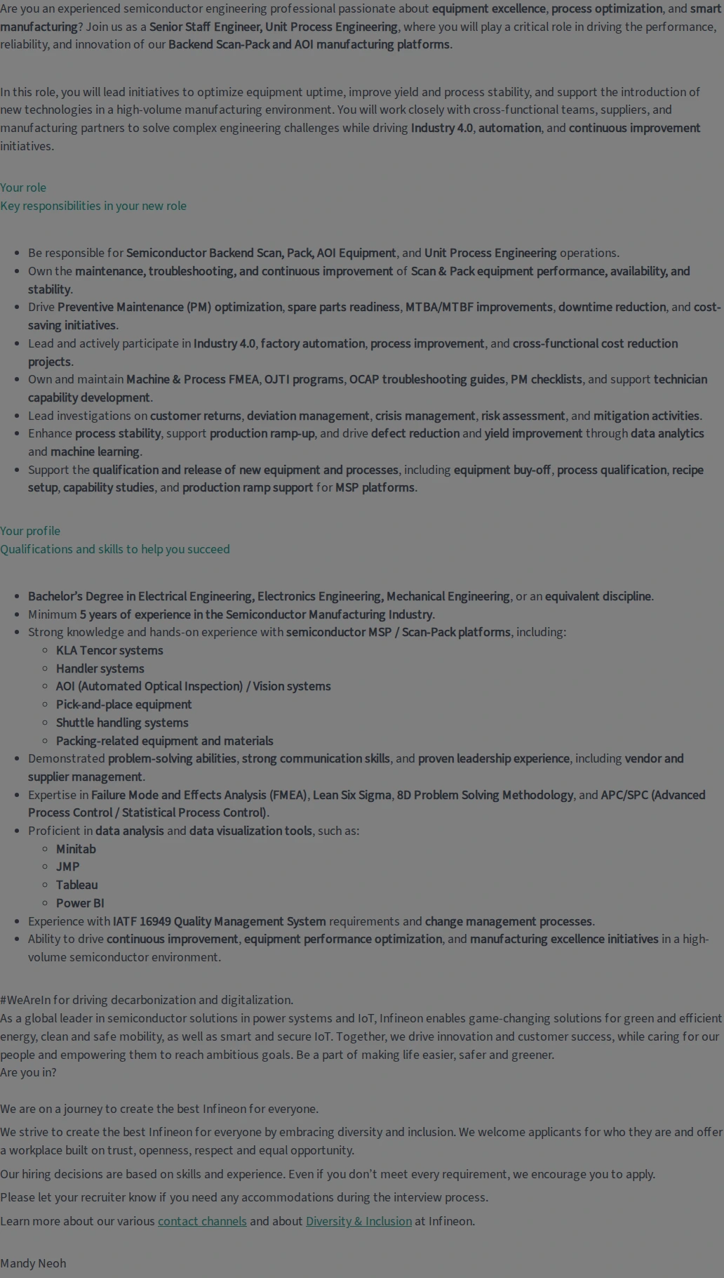 인피니언 Senior Staff Engineer , Unit Process Engineering 채용공고