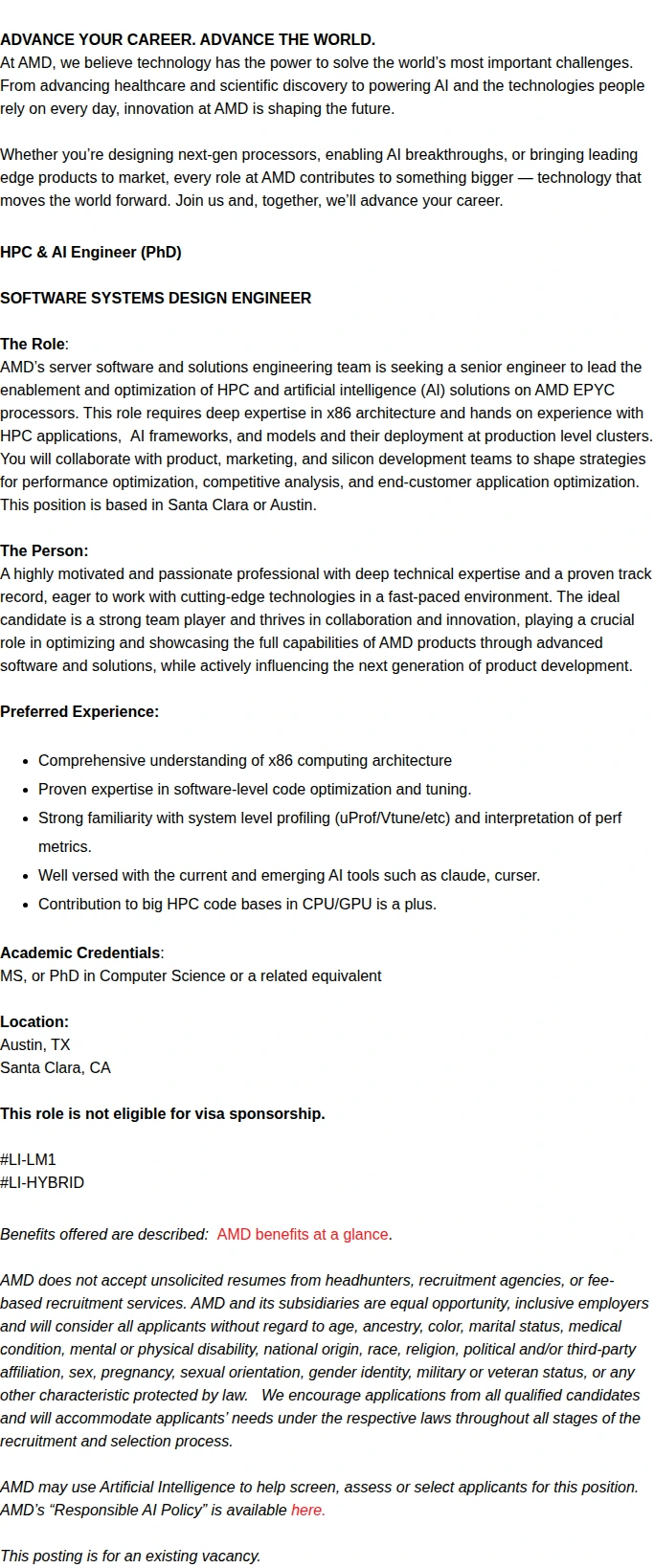 AMD HPC and AI (PhD) - Engineer 채용공고