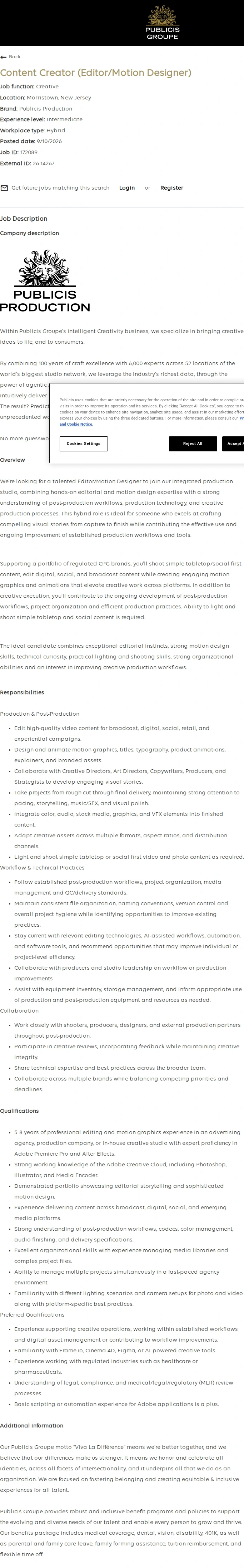 Publicis Groupe Content Creator (Editor/Motion Designer) 채용공고