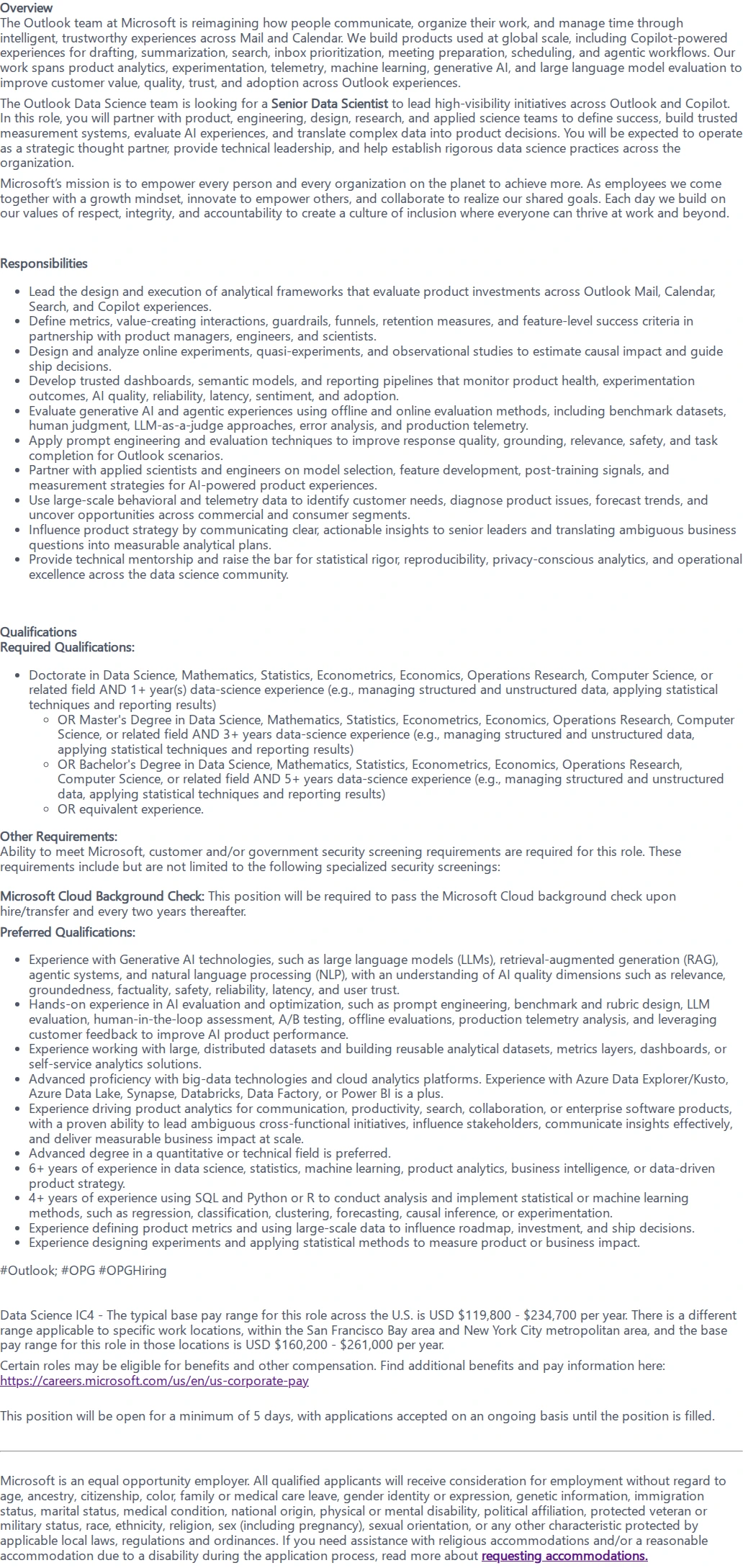 마이크로소프트(Microsoft) Senior Data Scientist - Outlook Science Team 채용공고