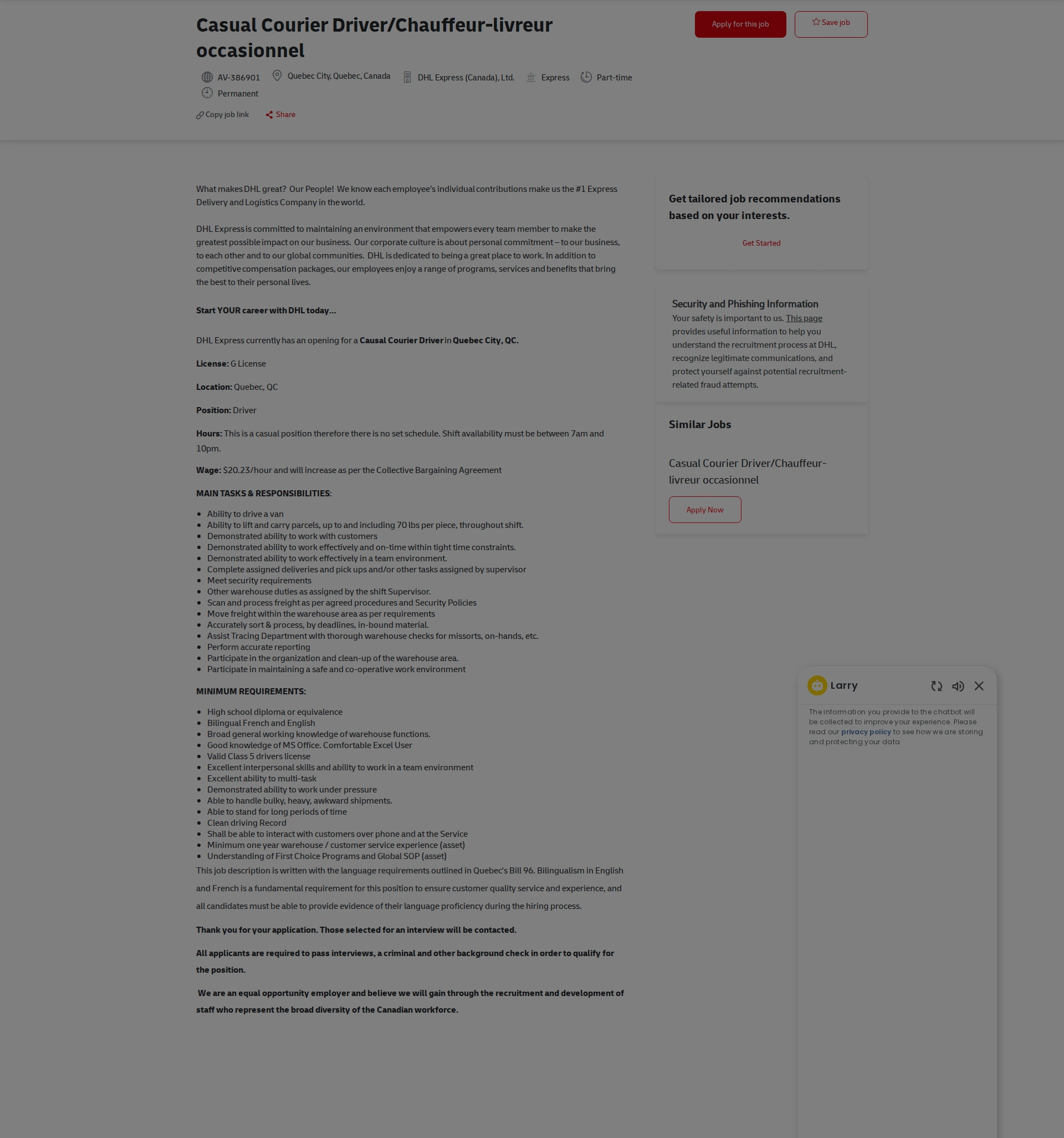 DHL Casual Courier Driver/Chauffeur-livreur occasionnel 채용공고
