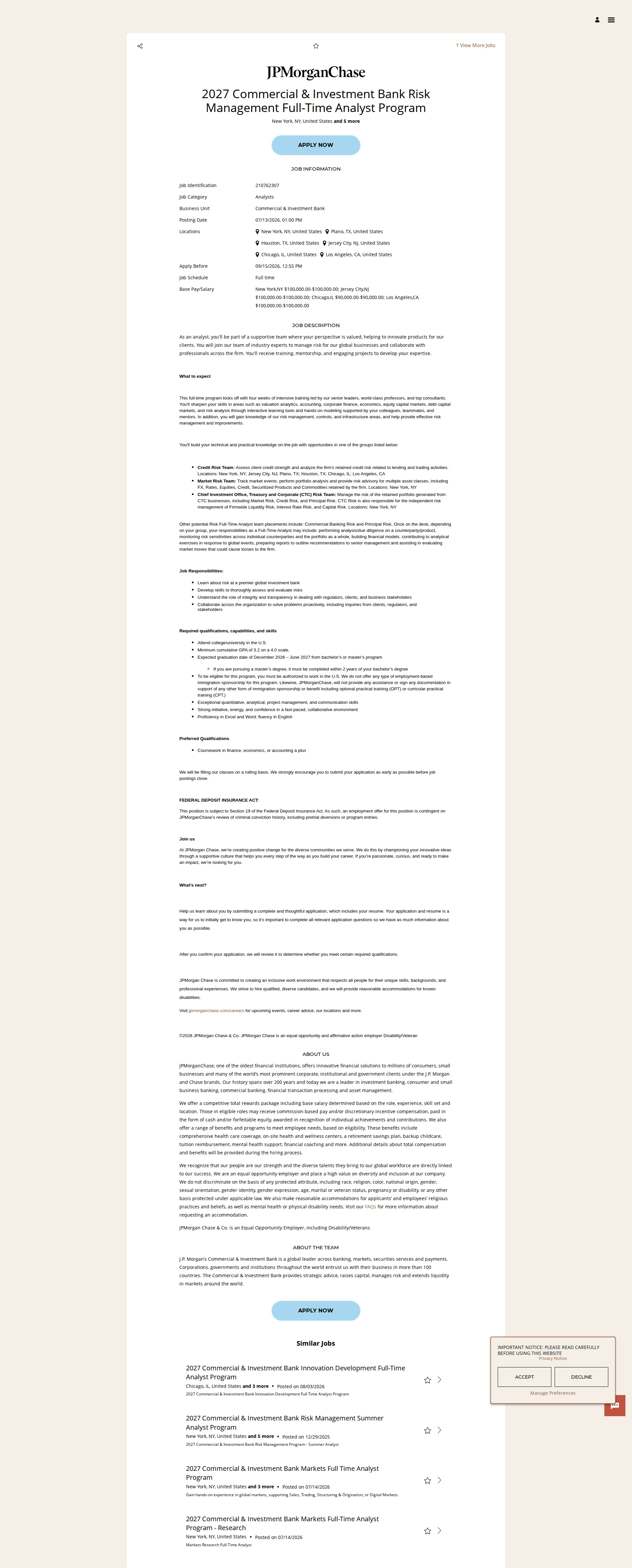 JPMorganChase 2027 Commercial & Investment Bank Risk Management Full-Time Analyst Program 채용공고