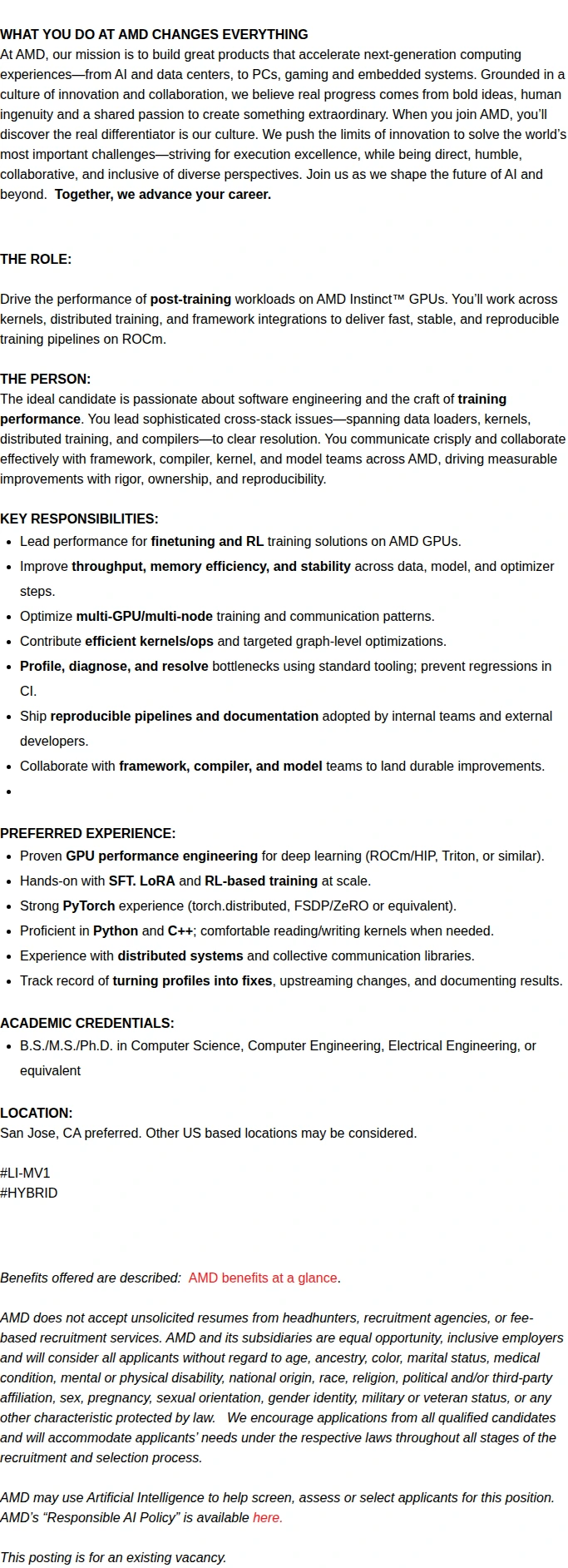 AMD Principal / Senior GPU SW Performance Engineer — Post‑Training 채용공고