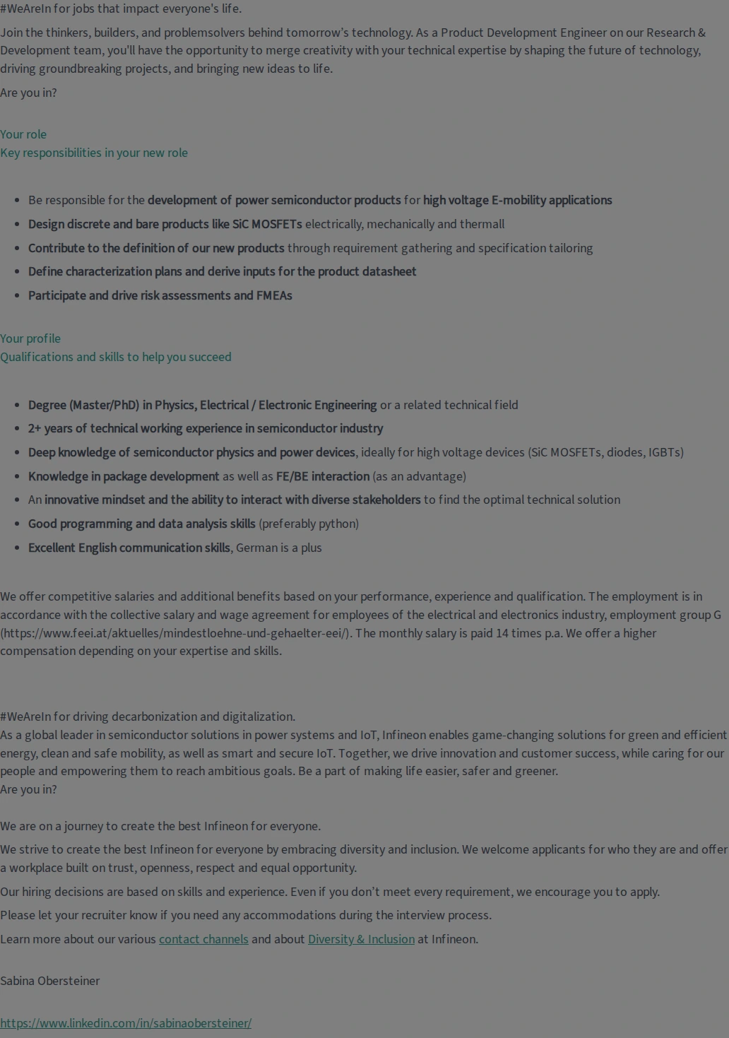 인피니언테크놀로지스코리아 Product Development Engineer (f/m/div) 채용공고