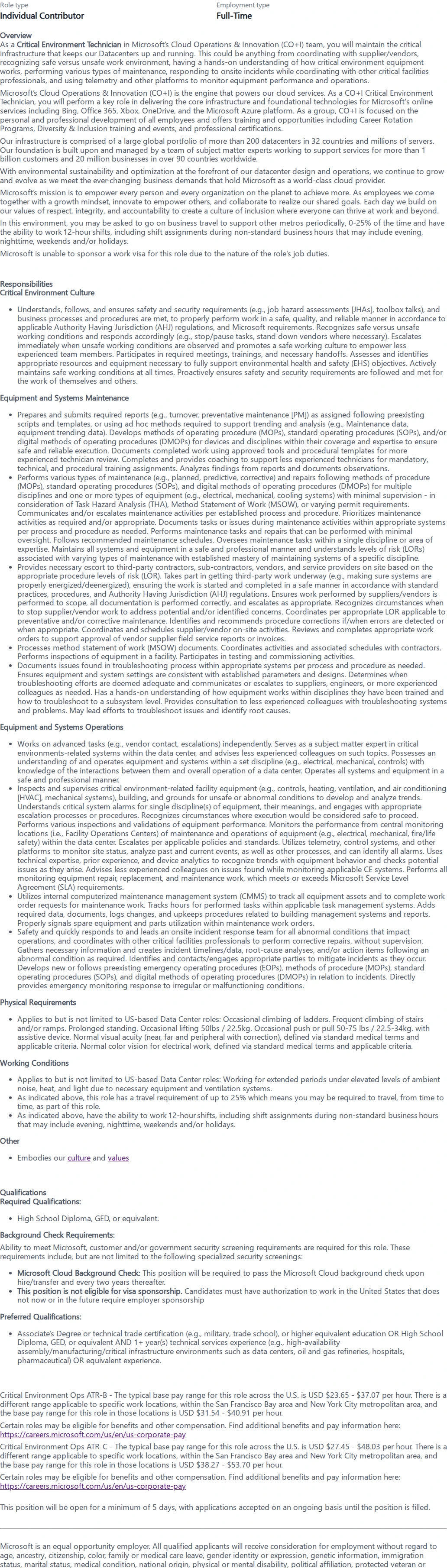 마이크로소프트(Microsoft) Critical Environment Technician 채용공고