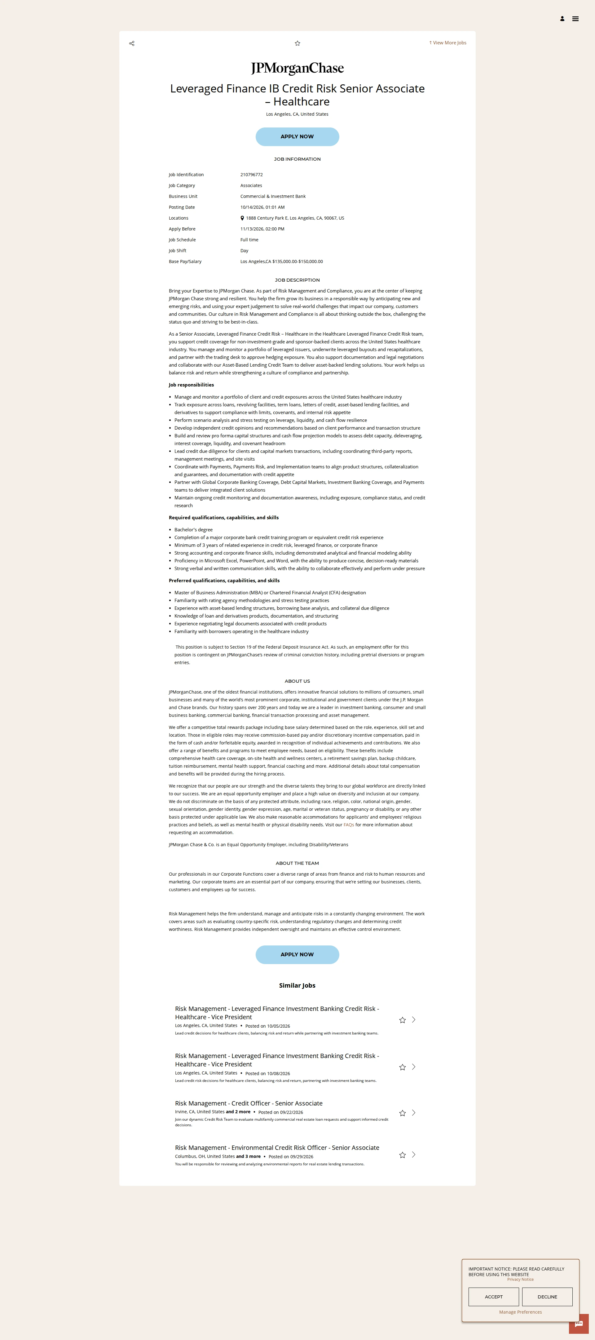 JPMorganChase Leveraged Finance IB Credit Risk Senior Associate – Healthcare 채용공고
