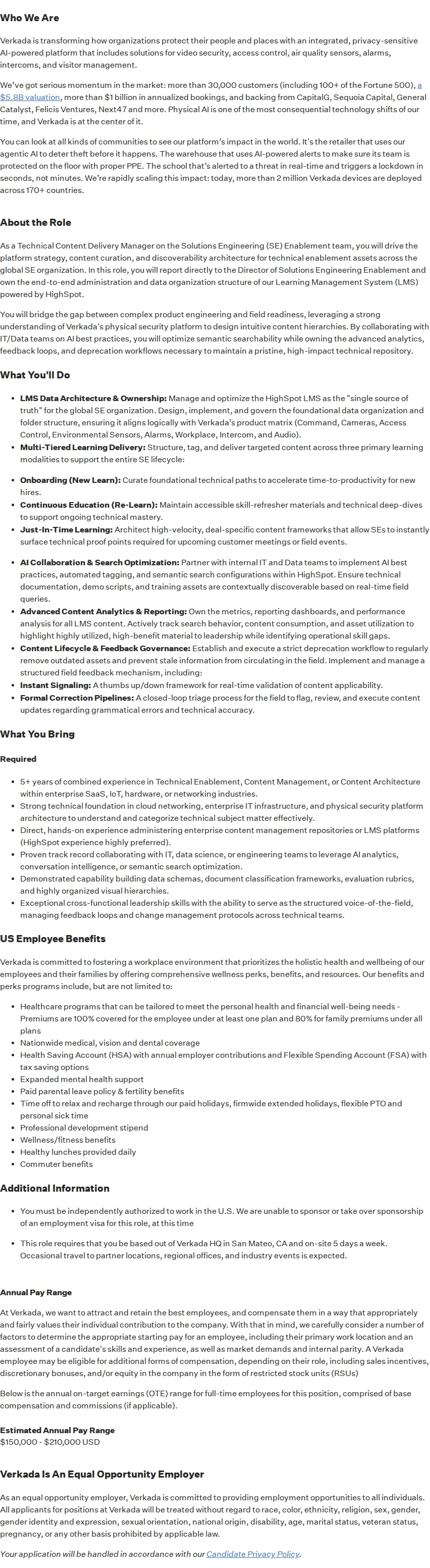 버카다 Technical Content Delivery Manager 채용공고
