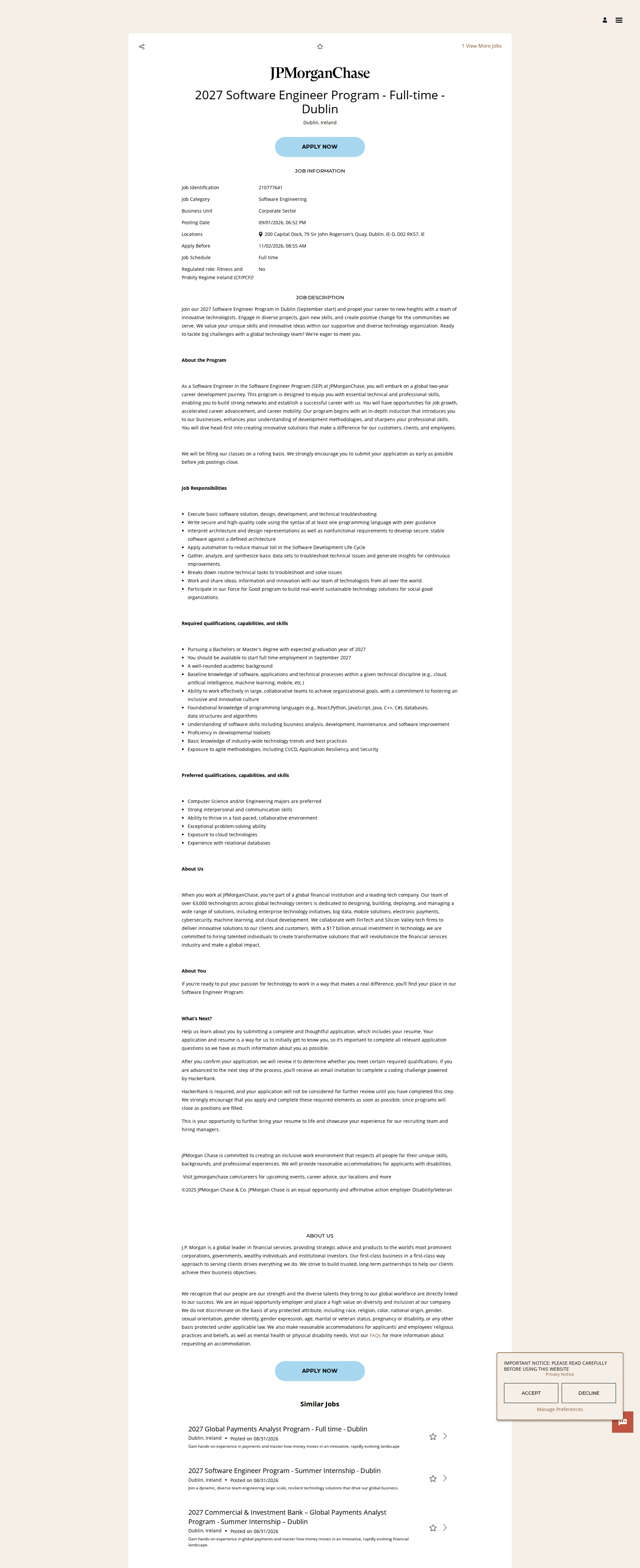 JPMorganChase 2027 Software Engineer Program - Full-time - Dublin 채용공고