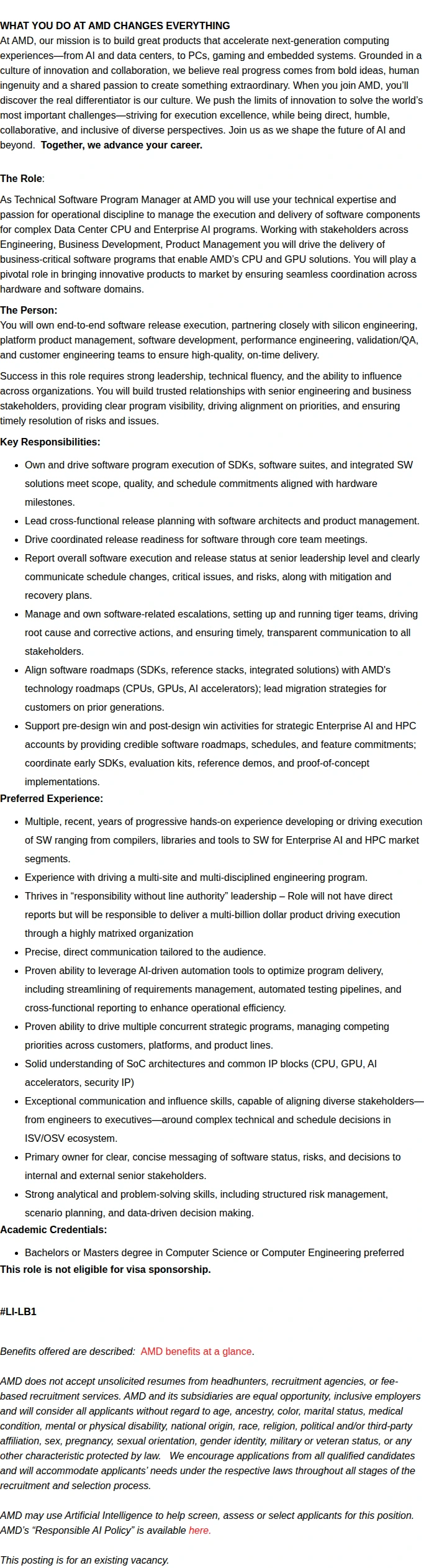 AMD Senior Technical Program Manager - Software – Data Center & Enterprise AI 채용공고