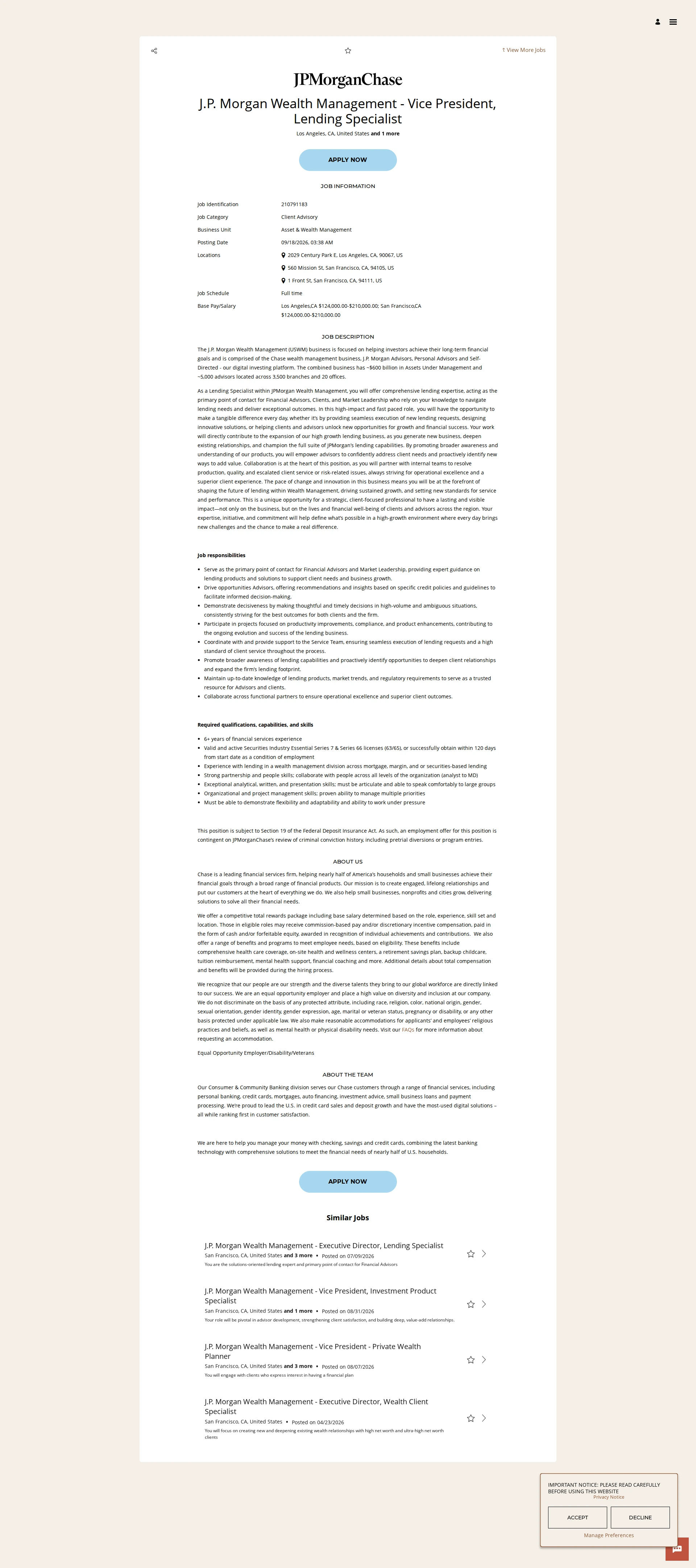 JPMorganChase J.P. Morgan Wealth Management - Vice President, Lending Specialist 채용공고