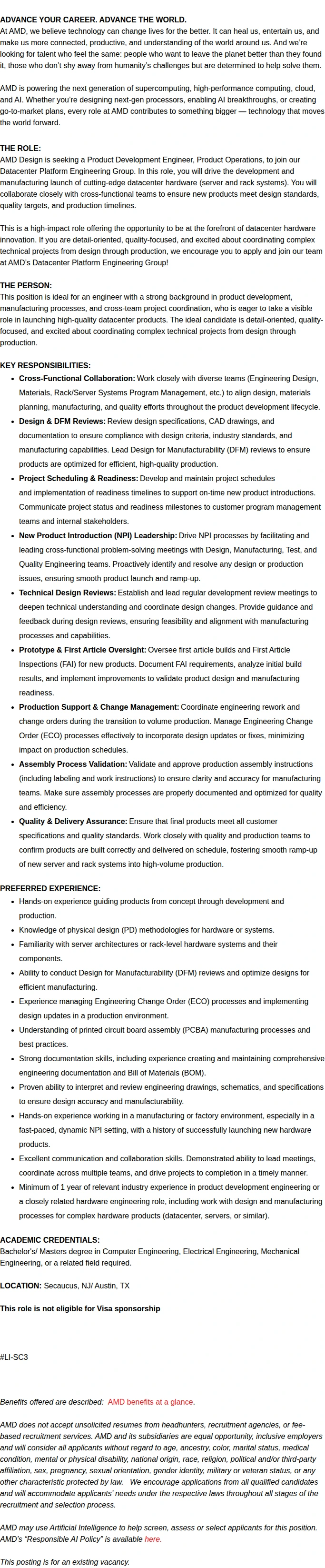AMD Sr. Product Development Engineer 채용공고