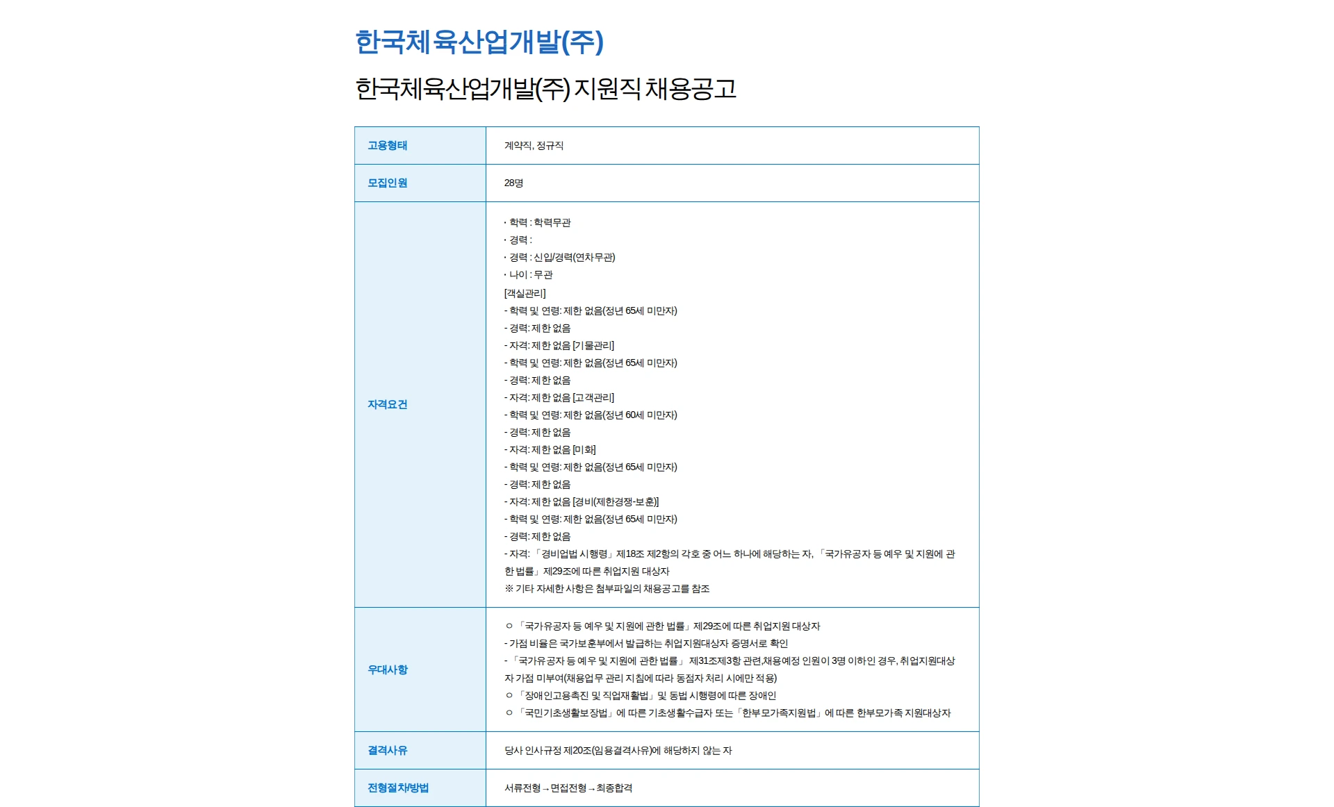 한국체육산업개발 한국체육산업개발(주) 지원직 채용공고 채용공고