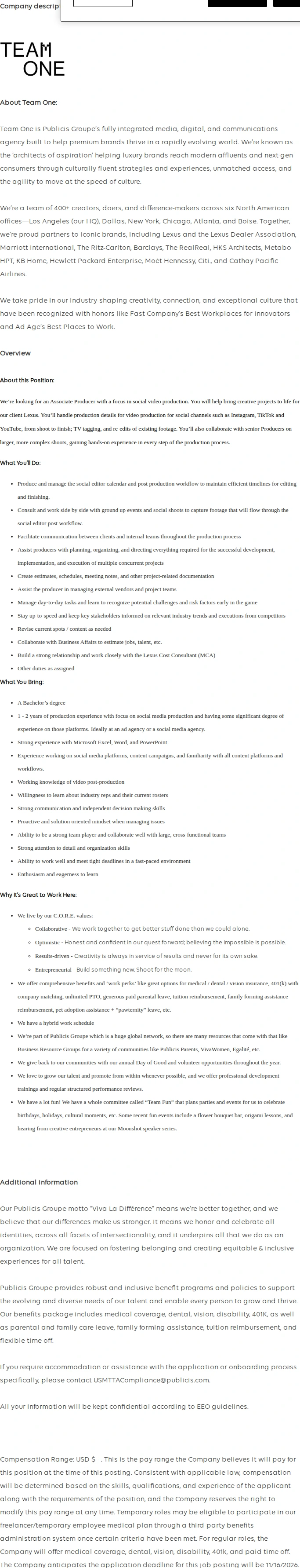 Publicis Groupe Associate Producer, Social Video 채용공고