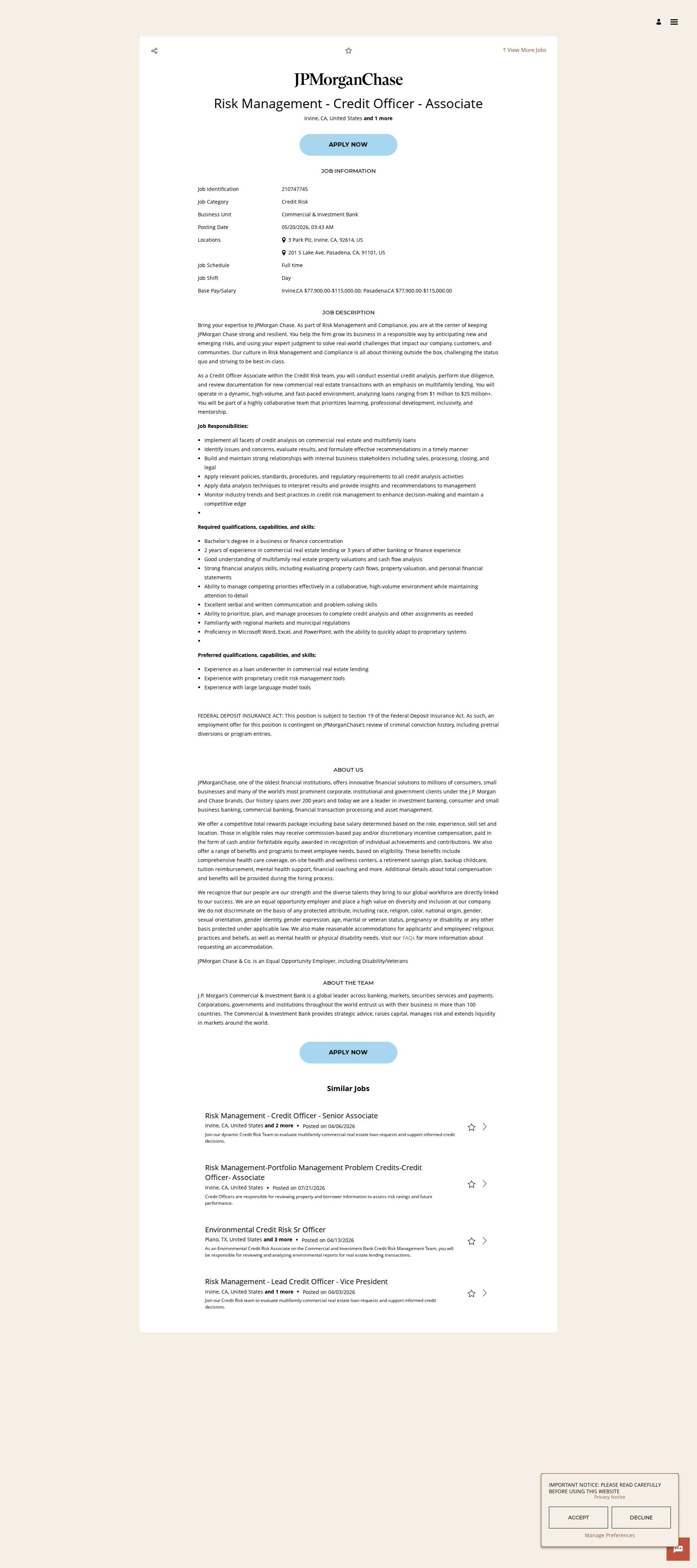 JPMorganChase Risk Management - Credit Officer - Associate 채용공고