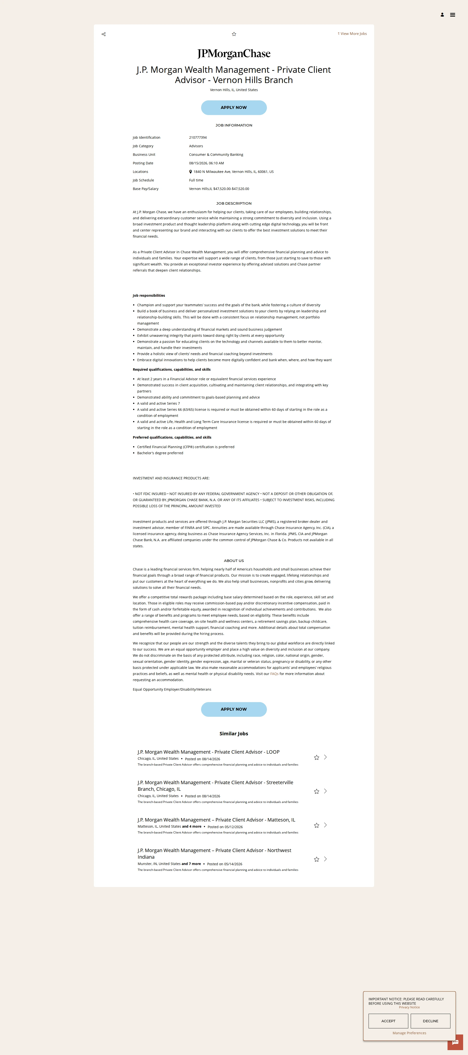JPMorganChase J.P. Morgan Wealth Management - Private Client Advisor - Vernon Hills Branch 채용공고