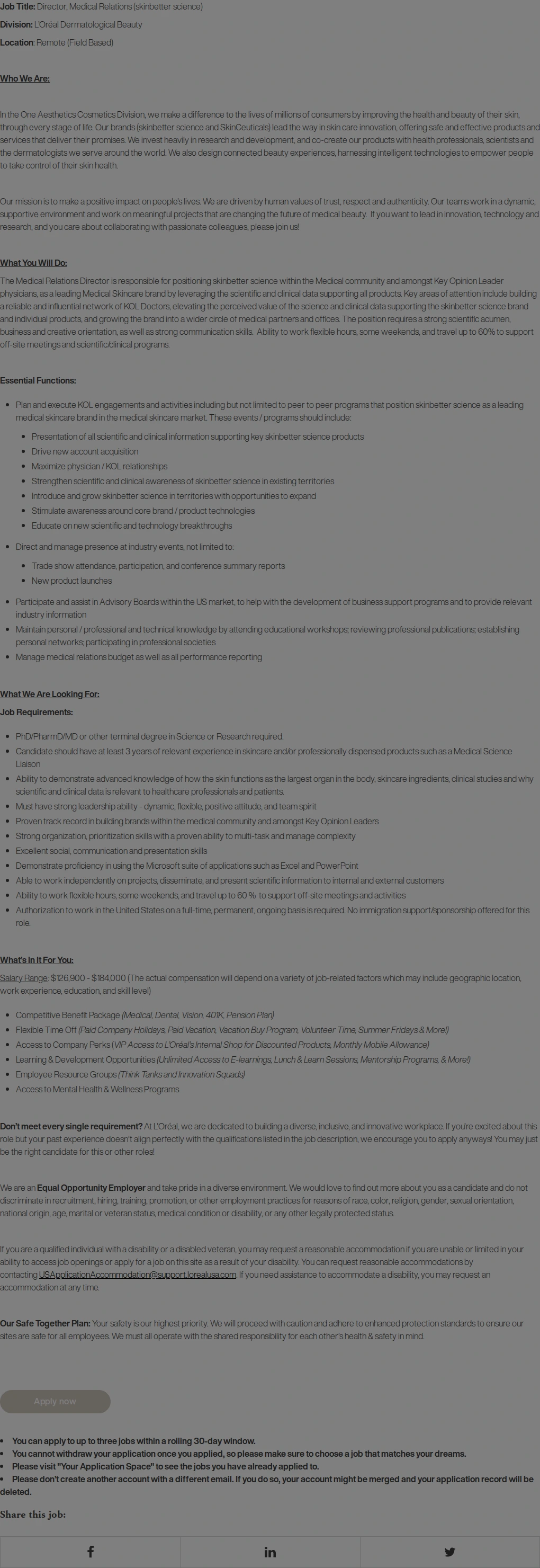 로레알(L'Oreal) Director, Medical Relations (skinbetter science) 채용공고