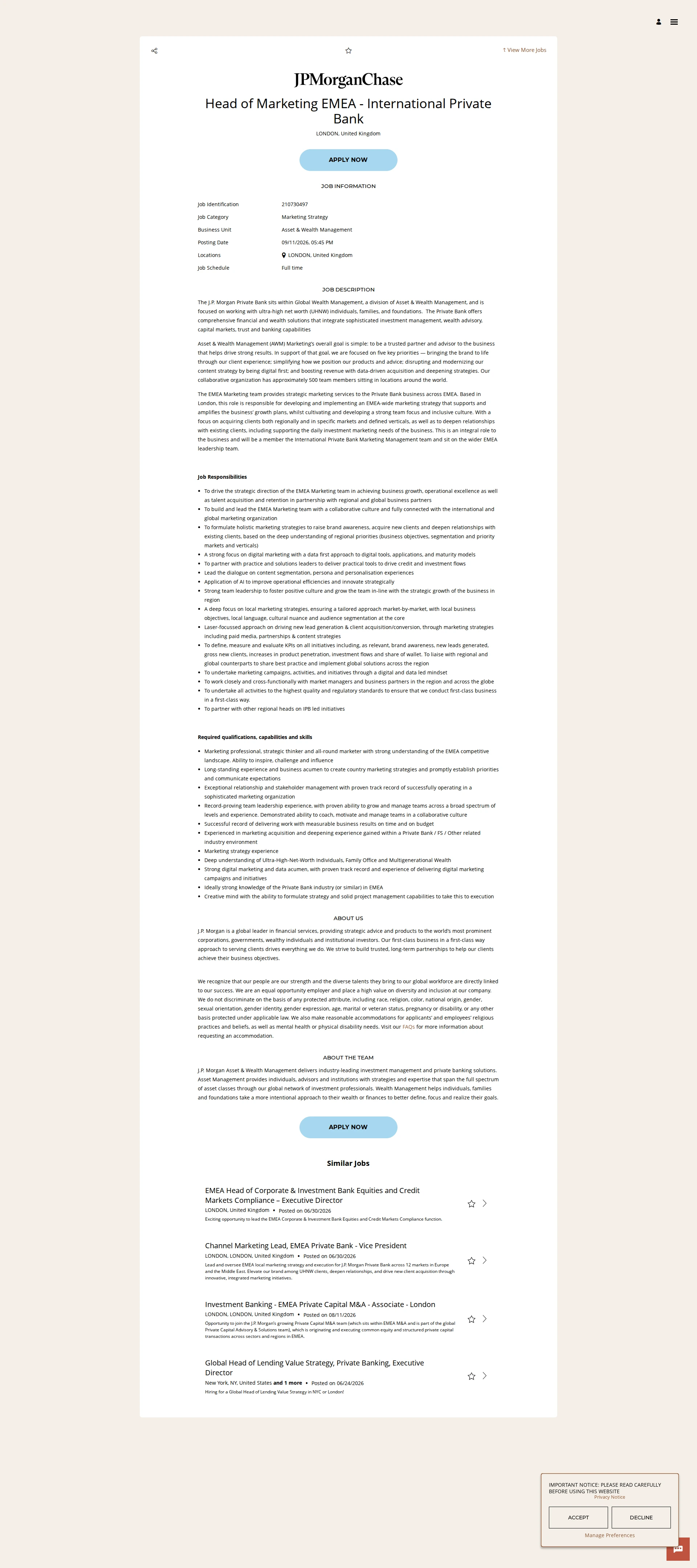 JPMorganChase Head of Marketing EMEA - International Private Bank 채용공고