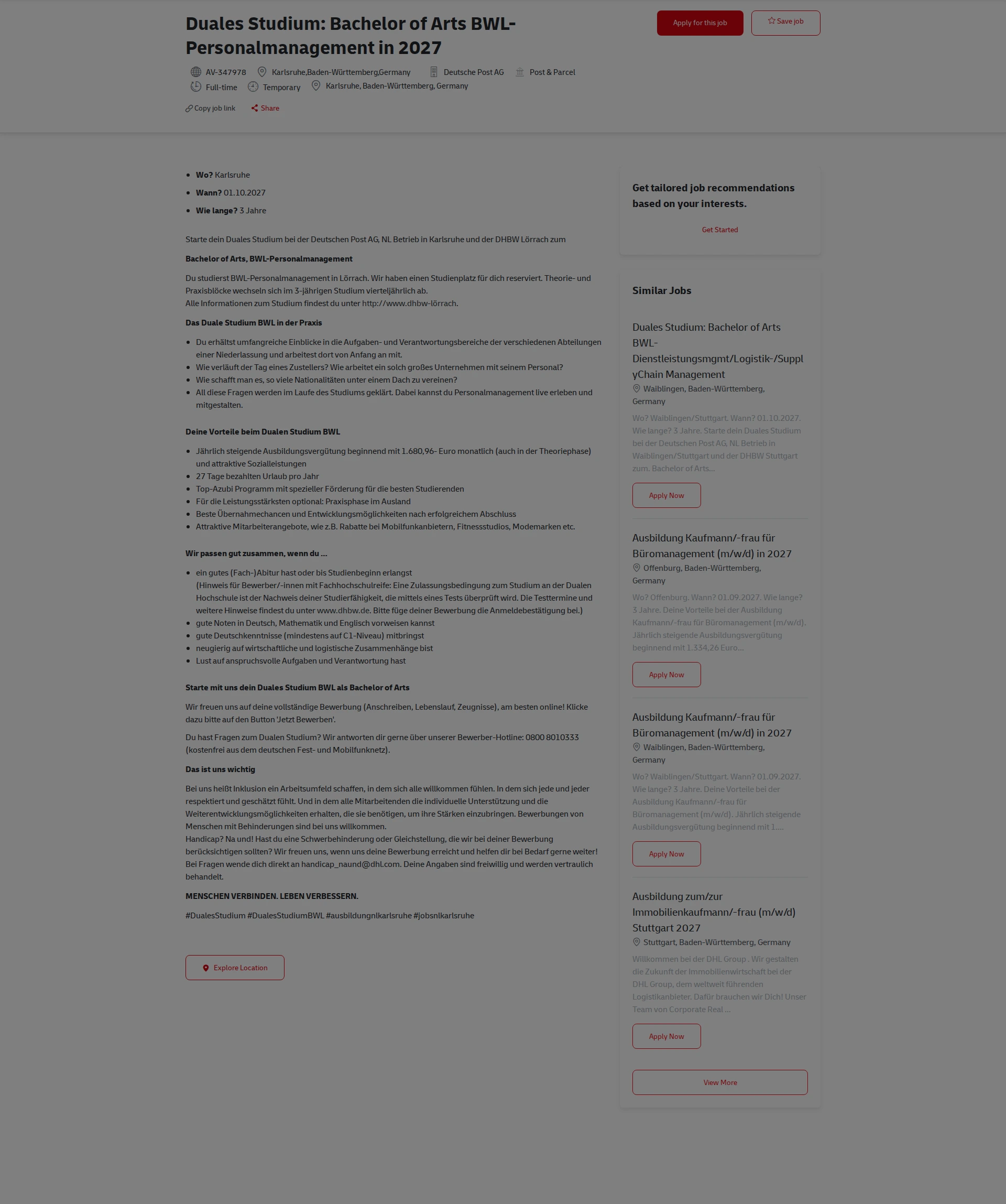 DHL Duales Studium: Bachelor of Arts BWL-Personalmanagement in 2027 채용공고