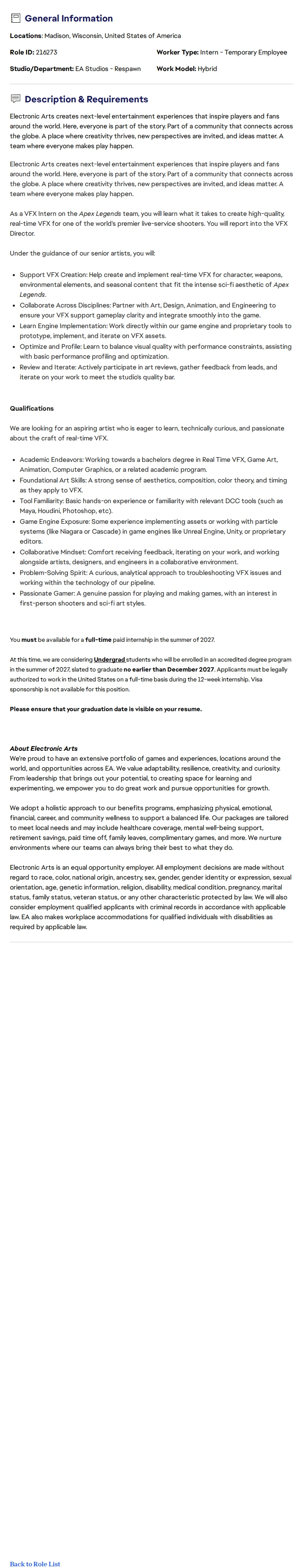 ElectronicArts VFX Intern 채용공고