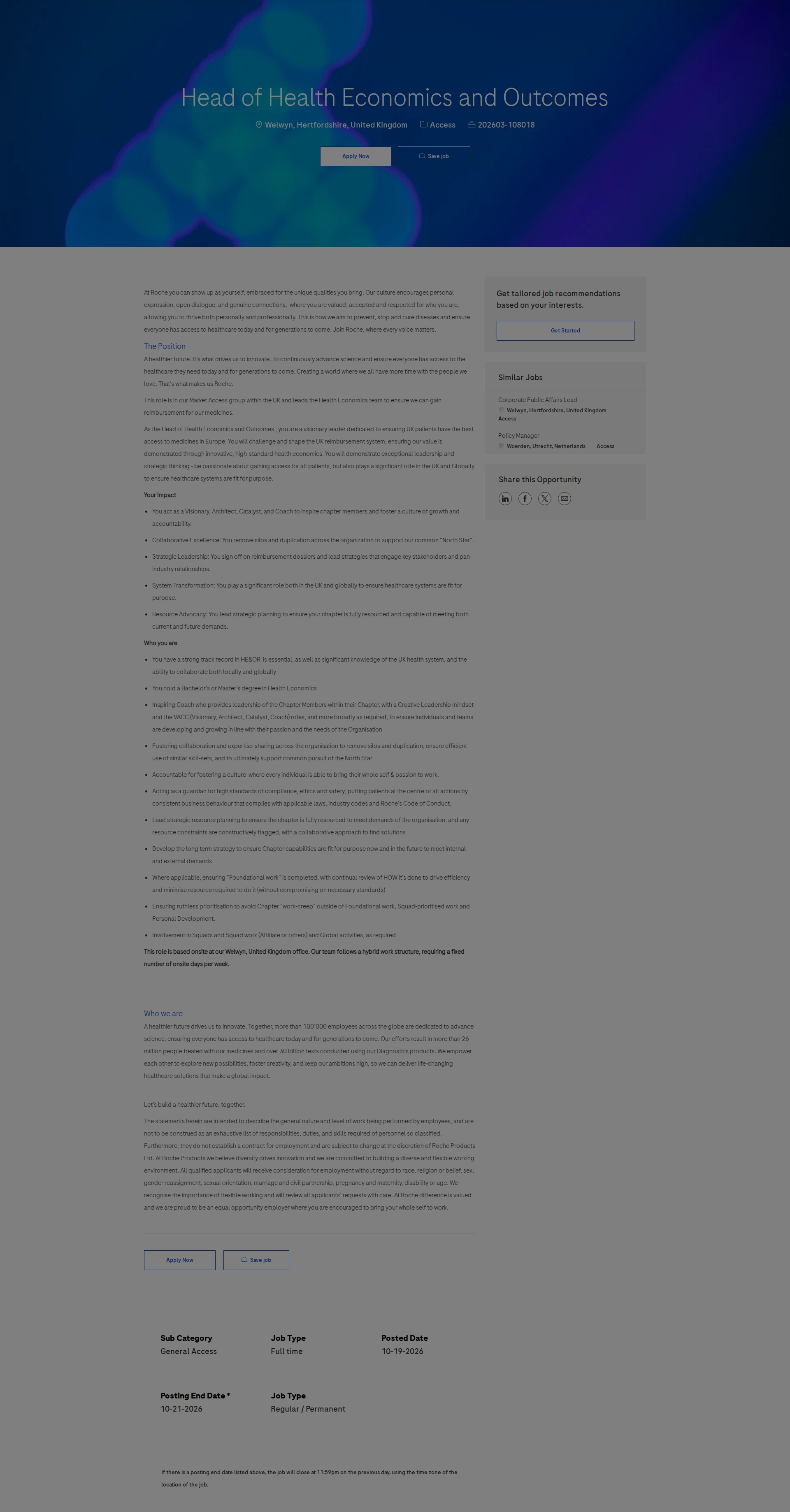 로슈 Head of Health Economics and Outcomes 채용공고