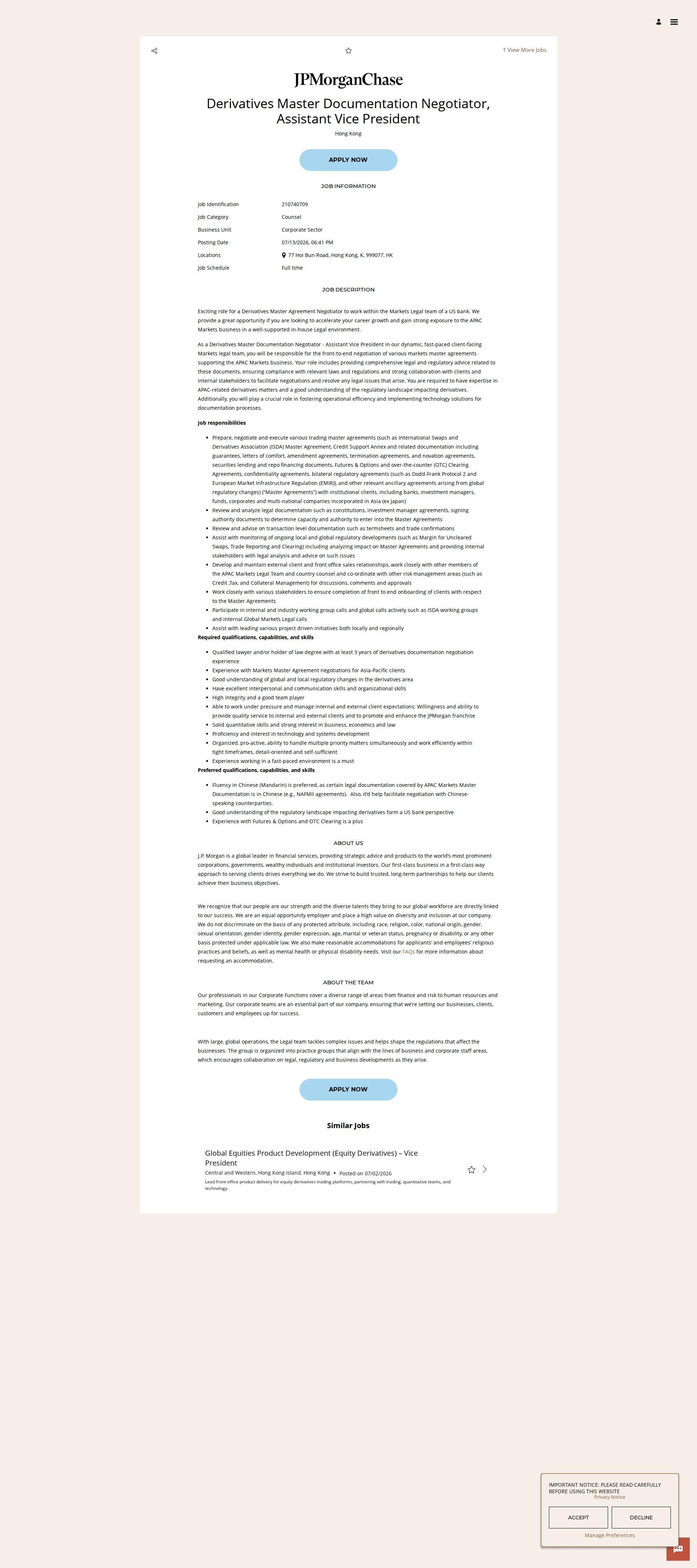 JPMorganChase Derivatives Master Documentation Negotiator, Assistant Vice President 채용공고