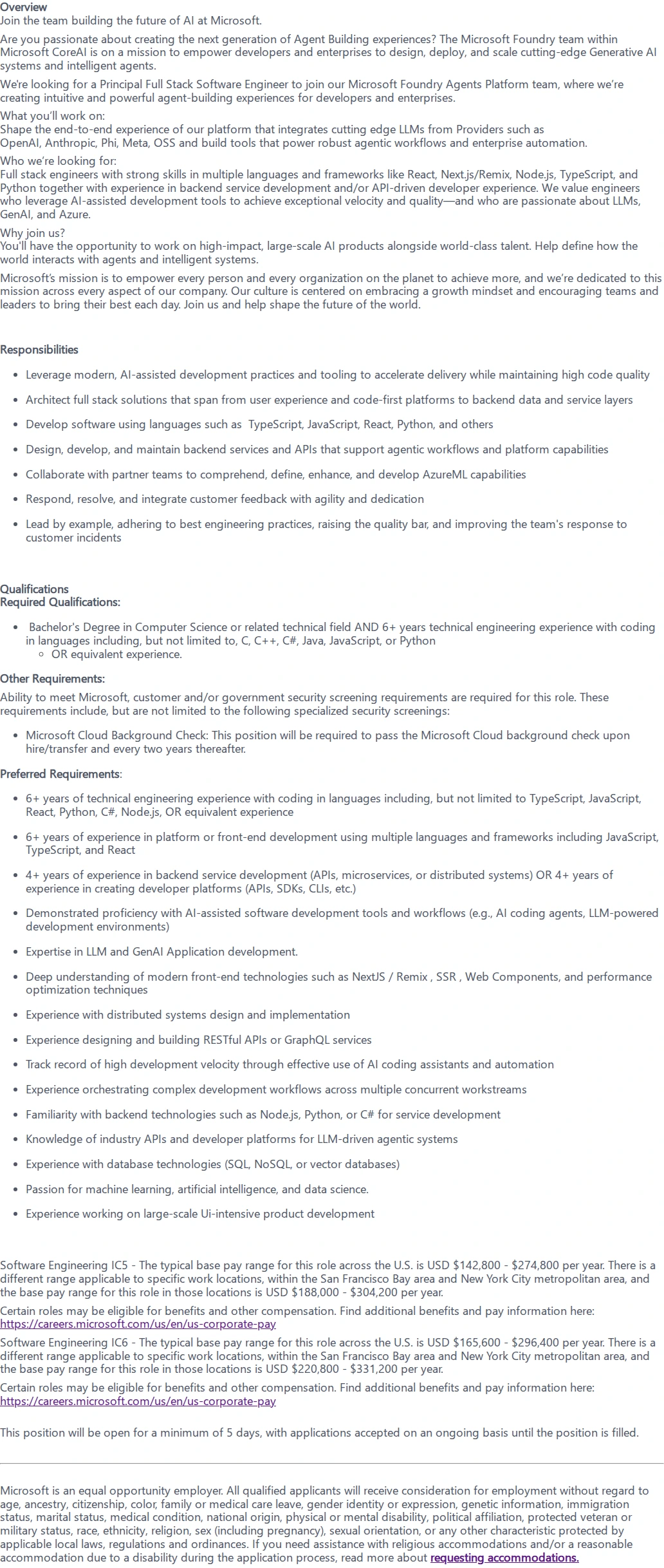 마이크로소프트(Microsoft) Principal Software Engineer (CoreAI) 채용공고
