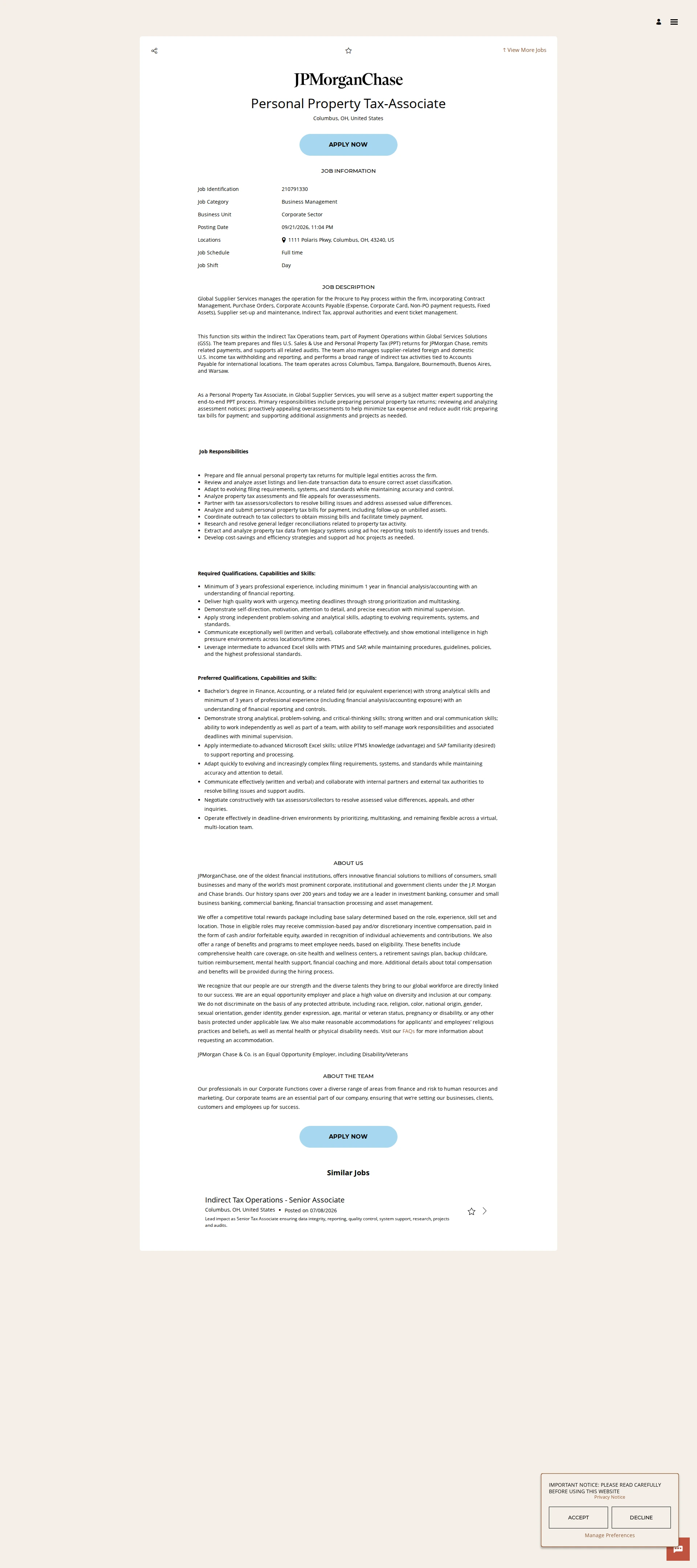 JPMorganChase Personal Property Tax-Associate 채용공고