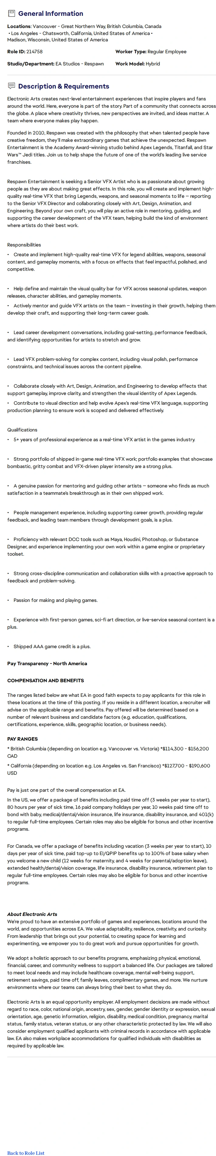 ElectronicArts Senior VFX Artist (Apex Legends) 채용공고
