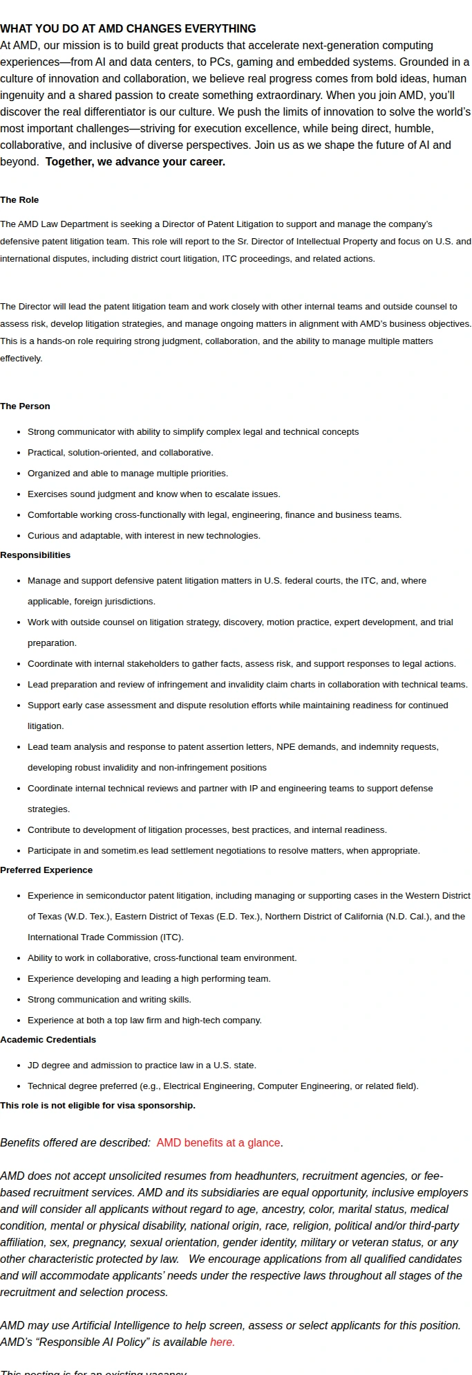AMD Director, Legal Patent Litigation 채용공고